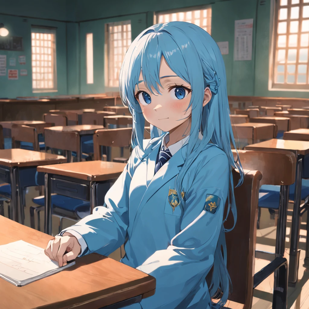 ((Libido boy:2,best qualtiy)), Son,Wearing a light blue school uniform,Sit in a class seat,Place your hands parallel to the table,com um rosto quadrado,mid - length hair,Pupil constriction,fake smile,looking toward the viewer,Face close,(tmasterpiece),facing to audience,Only facial area is counted。
