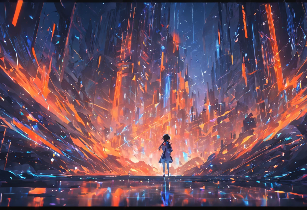 an abstract scifi 3d city animation, in the style of glitch aesthetic, dark sky-blue and orange, undulating lines, i can't believe how beautiful this is, reefwave, precisionist art, cracked