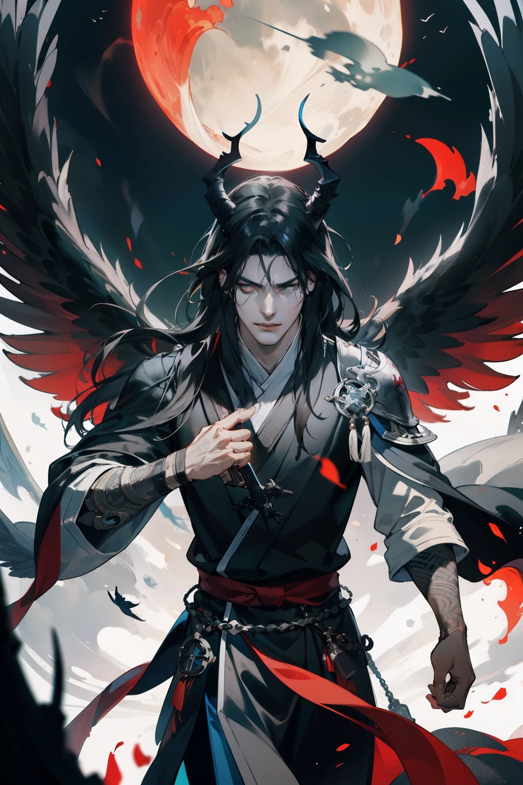 Lei Zhenzi in Chinese mythology, (Black and white wings on the back),Horns on the head,Long hair,Blue clothes and white pants, Hammer weapon in hand,Majesty, Serious and angry,Zeenchi, avian warrior, D&d dark sun character art, the allfather, Artorias, anthropomorphic raven knight, From Pathfinder, black wings instead of arms, Lich Vikner (D&D), Mysterious Anubis, God of war, Warrior concept art Savvy eyes, Complicated details, , 独奏, Half shot, detailedbackground,ssmile,Immortal,Hovering in the air,Thunder and lightning wrap around you,Find poses、Black chain mail、Backlit realistic lighting、Armory、Hair flutters in the wind,(red color Hanfu), Surrounded by ink,Surrounded by wind, Clear face, Clear and bright eyes, High detail, (A high resolution, ultra - detailed), Cinematic lighting, Motion blur, Ray tracing, reflective light, (Close-up), Masterpiece, Best quality, High quality, Anatomically correct, Textured skin, High details, Super detail, 1080p, hyper HD,Big momentum,