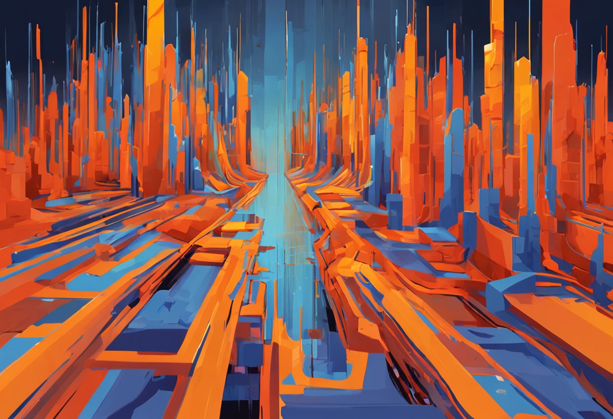 an abstract scifi 3d city animation, in the style of glitch aesthetic, dark sky-blue and orange, undulating lines, i can't believe how beautiful this is, reefwave, precisionist art, cracked