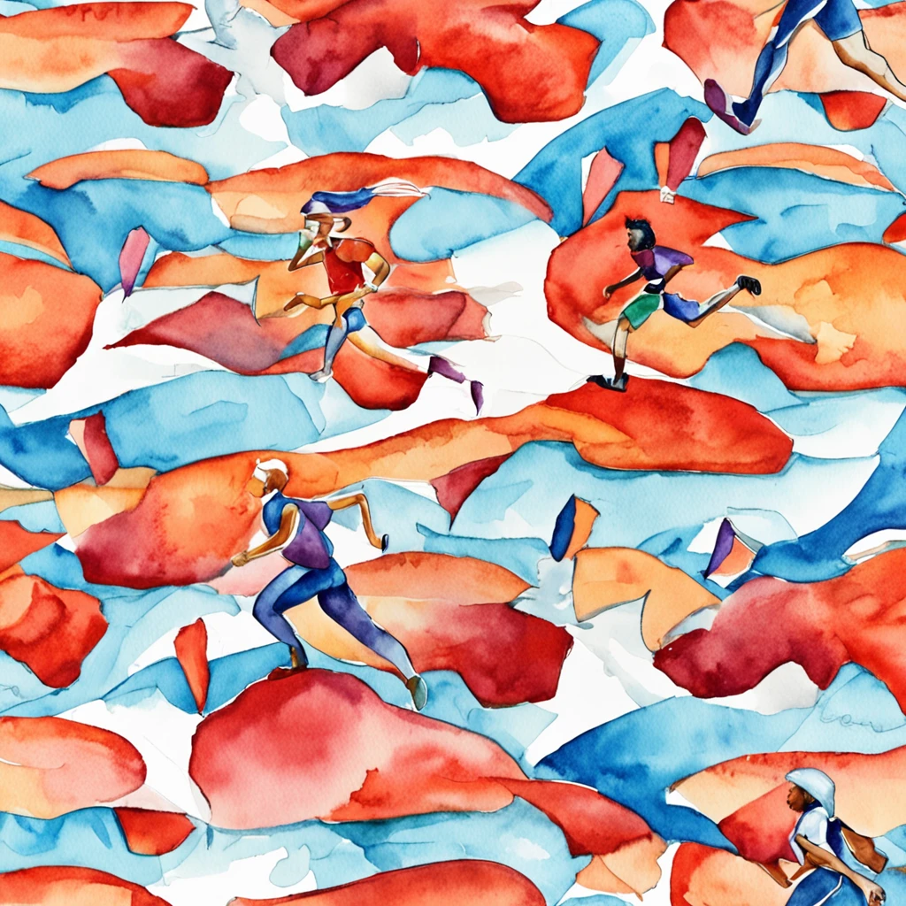1man, socks, sneakers, red shorts, blue shirt, geometric multidimensional, art, beautiful, colorful, masterpieces, top quality, best quality, official art, beautiful and aesthetic, running, running track, track and field, bloom, track, race, asian, full body.