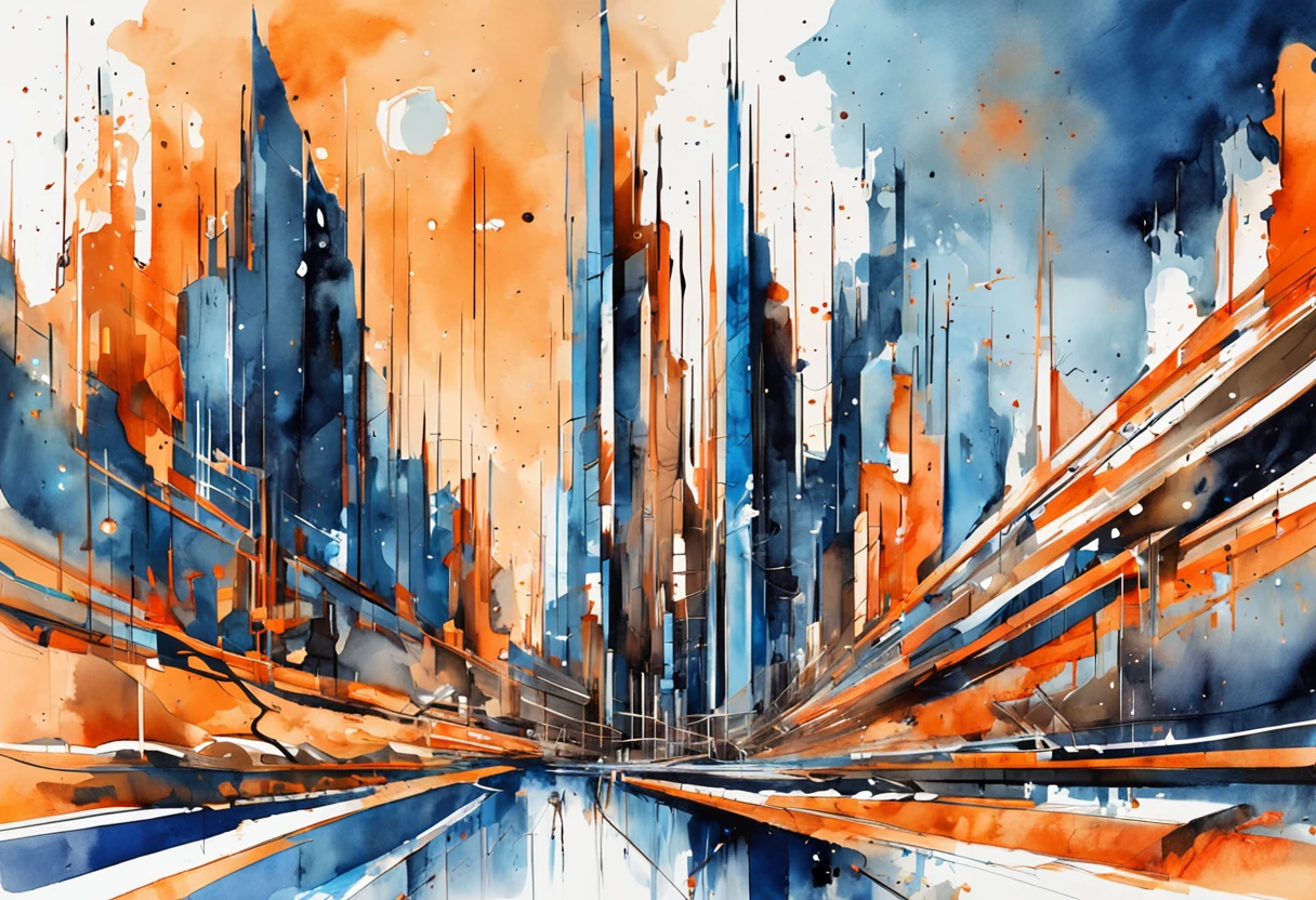 an abstract scifi 3d city animation, in the style of glitch aesthetic, dark sky-blue and orange, undulating lines, i can't believe how beautiful this is, reefwave, precisionist art, cracked