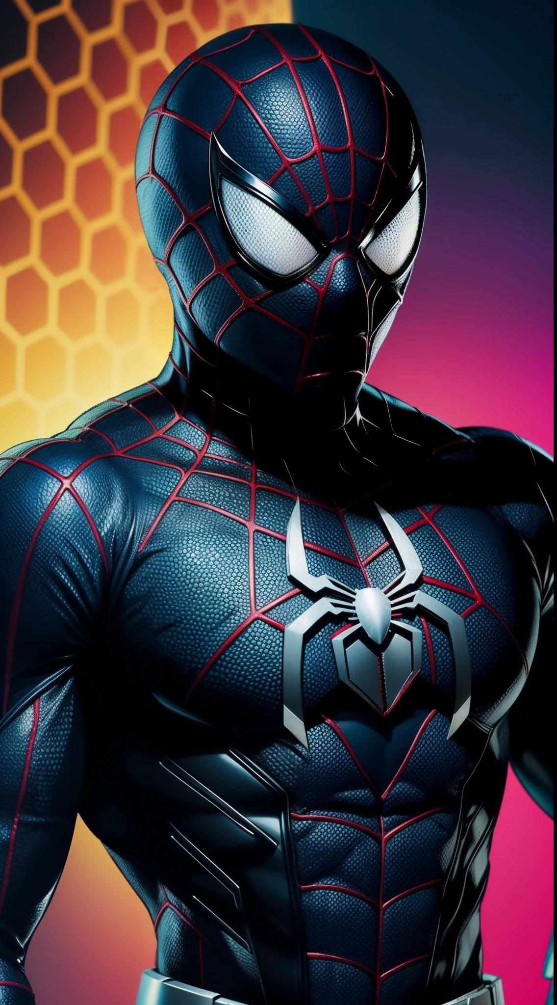 Black Spider-Man from Marvel Comics, Masterpiece, Best Quality, abstract, Psychedelic, Neon, (honeycomb pattern), (creative:1.3), Sy3, SMM, fantasy00d