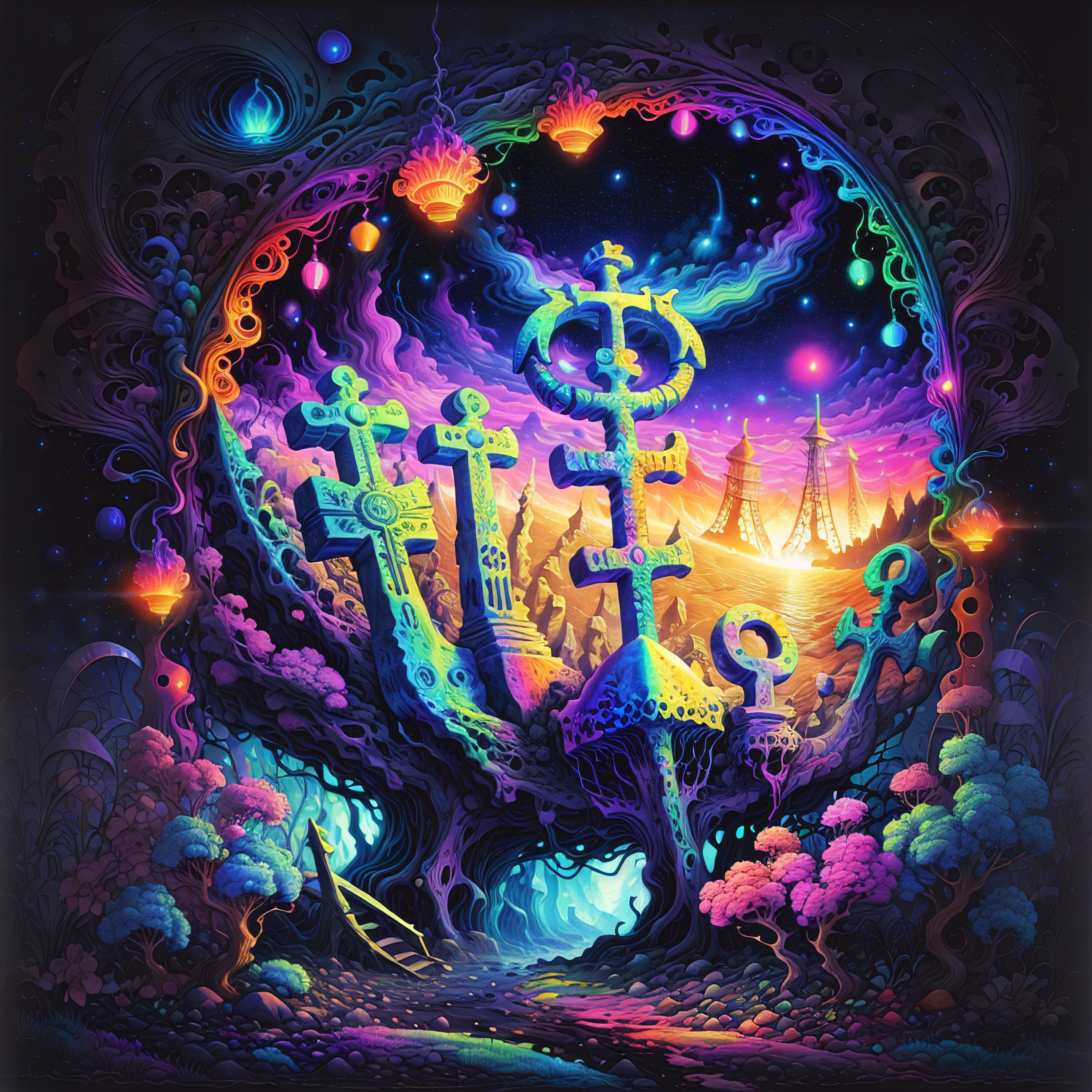 anchor, masterpiece, beautiful psychedelic landscape, black light painting PsyAI