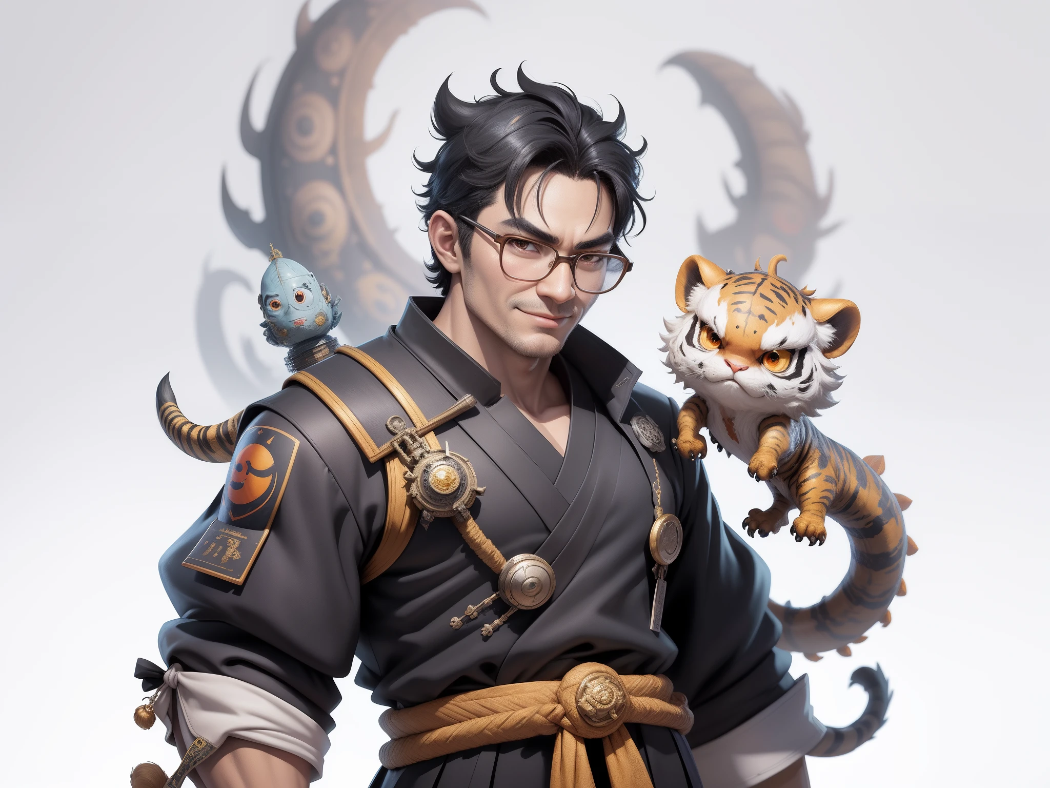 (Masterpiece), (Excellent), (Super Meticulous), (Full Body: 1.2), Super Young Man with Japanese Female Geisha, Pretty, Beautiful, Chinese Dragon, Tiger, Wind God Thor, Sexy, Bursting, Oriental Face, TV Anchor, Bust Portrait Illustration, Black Suit, Blue Tie, Slightly Chubby Face, Silver Glasses, Very Clean Face, No Beard on Chin, Black Super Short Hair, Black Eyes, Confident Smile, 3c Computer Sub-Products, iPad, iPhone, Digital Painting, 3D character design by Mark Clairedon and Pixar and Hayao Miyazaki and Akira Toriyama, the illustrations are HD illustrations in 4K resolution with highly detailed facial features and cartoon-style visuals.