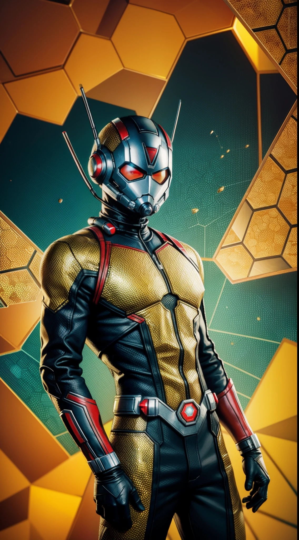 Ant-Man из комиксов Marvel, Masterpiece, Best Quality, abstract, Psychedelic, Neon, (honeycomb pattern), (creative:1.3), Sy3, SMM, fantasy00d