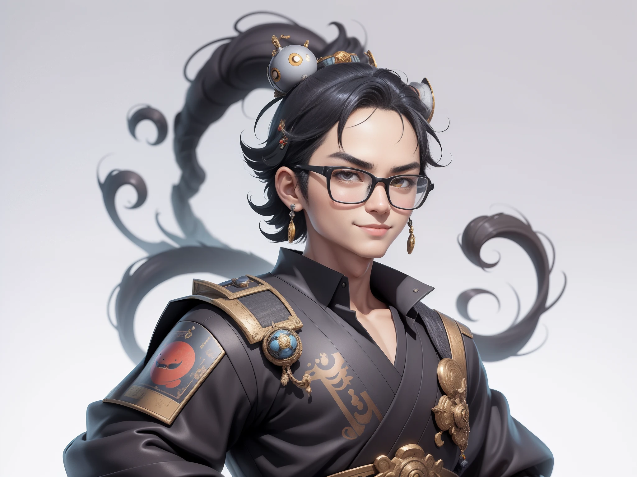 (Masterpiece), (Excellent), (Super Meticulous), (Full Body: 1.2), Super Young Man with Japanese Female Geisha, Pretty, Beautiful, Chinese Dragon, Tiger, Wind God Thor, Sexy, Bursting, Oriental Face, TV Anchor, Bust Portrait Illustration, Black Suit, Blue Tie, Slightly Chubby Face, Silver Glasses, Very Clean Face, No Beard on Chin, Black Super Short Hair, Black Eyes, Confident Smile, 3c Computer Sub-Products, iPad, iPhone, Digital Painting, 3D character design by Mark Clairedon and Pixar and Hayao Miyazaki and Akira Toriyama, the illustrations are HD illustrations in 4K resolution with highly detailed facial features and cartoon-style visuals.