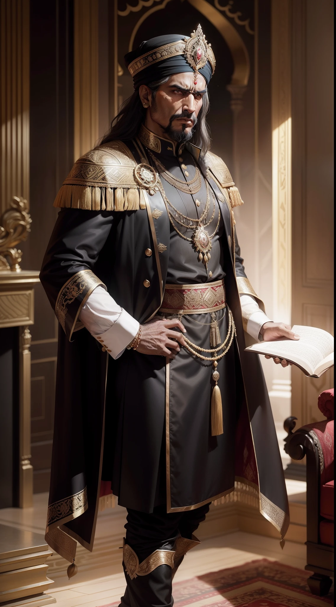 Mayimama Marakkar, male, man, millionaire, ambassador, Indian, very rich clothes, very rich, very luxurious, holding a Quran on his hand, angry, rage, want to revenge, 16th century, renaissance, age of exploration, AGE oF 40