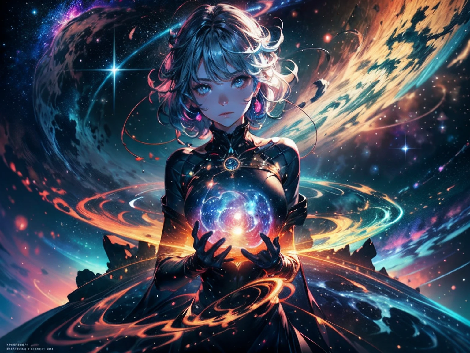 1 girl in,In the vast expanse of the cosmos, Breathtaking images unfold before your eyes. In the center of the galaxy in the starry sky, Vibrant nebula dancing and swirling, Their ethereal colors blend together、Intertwined. The scene is a symphony of cosmic beauty, Interstellar dust and gas tendrils reaching out to the void. The stars shine with otherworldly brilliance, Light up the tapestry of the universe that spans the vastness of space. It's a visual feast for the senses, Awe-inspiring glimpse of the wonders of the universe. BREAK,Detailed,Realistic,4K highly detailed digital art,Octane Render, bio luminescent, Break 8K resolution concept art, Realism,by Mappa Studios,masutepiece,Best Quality,Official art,Illustration,ligne claire,(Cool_Color),Perfect composition,absurderes, Fantasy,Focused,thirds rule