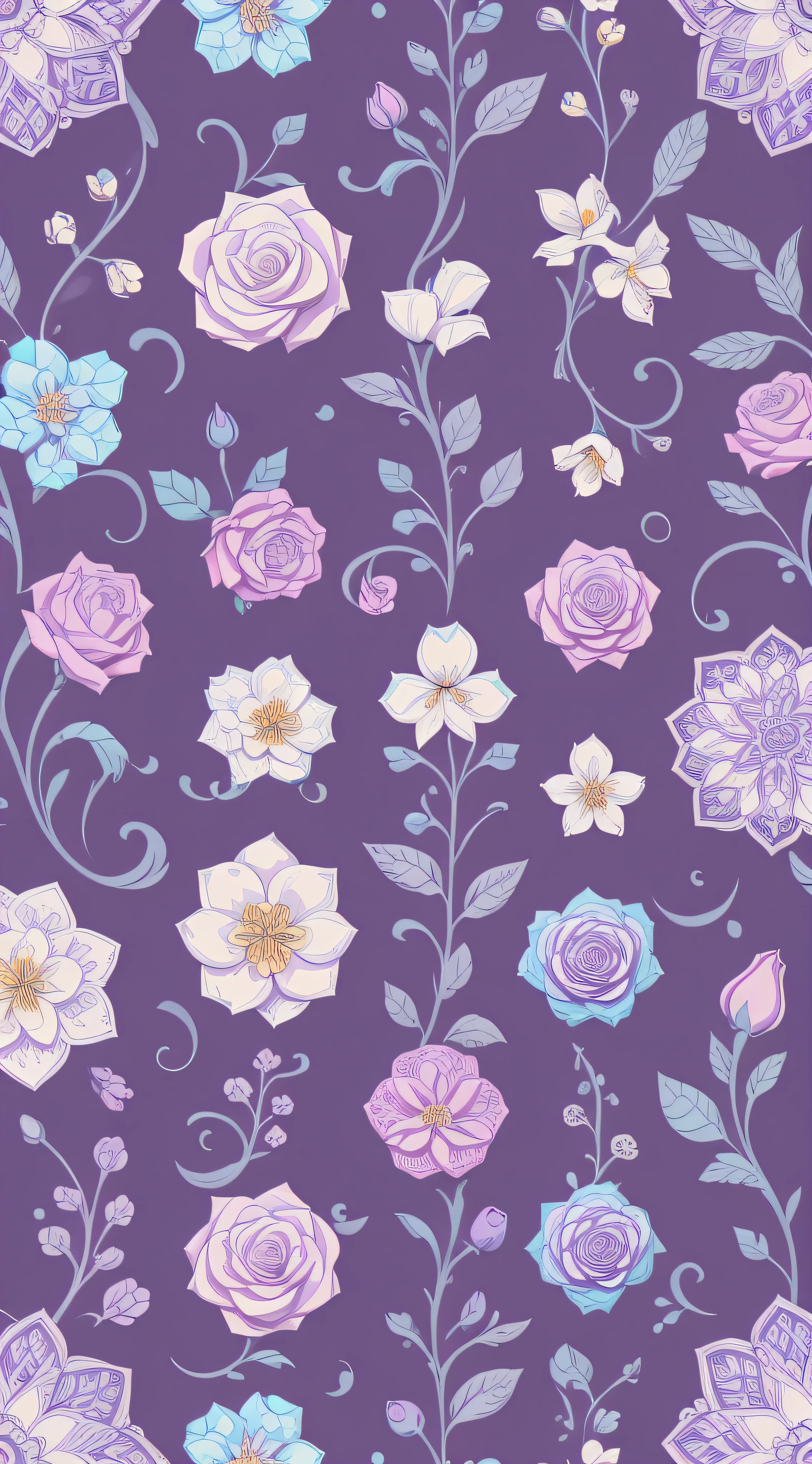 Seamless patterns, step repeating patterns design, fabric art, flat illustration, Vector, 4K, Art station, Line work, digital print, highly detailed clean, photorealistic masterpiece, professional photography, realistic flowers, flat lavender color background, isometric, bright vector, white flowers, Blue flowers, rose color flowers, pastel colors, very beautiful, artistic