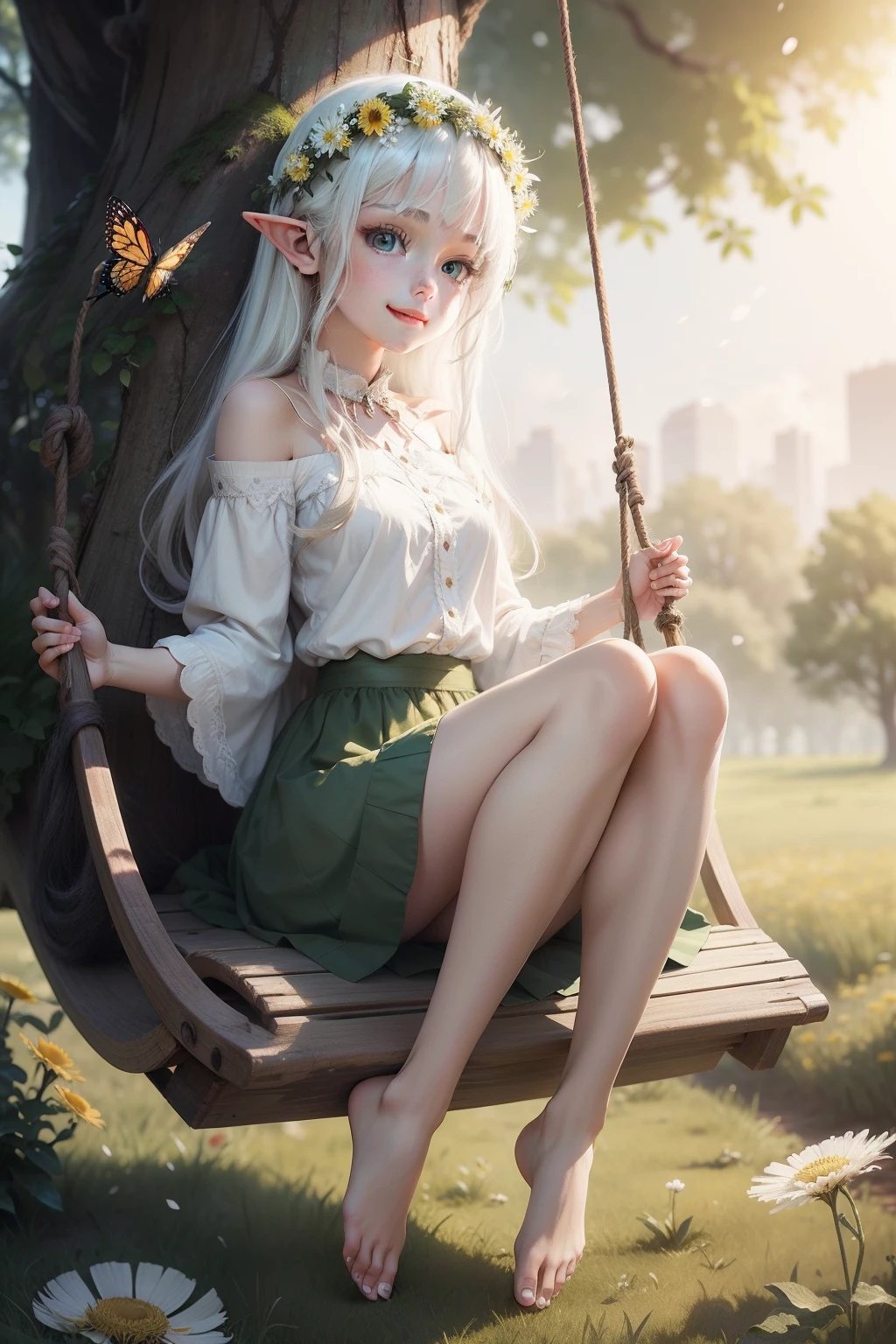 Highest image quality,whaite hair,longhairwithbangs,the elf,teens girl,Green pupils,Small breasts,There is a big tree behind it,Sit on a tree swing,Colorful butterflies fly next to it,Green meadows,Slim clothes,Long skirt style,The eyes are fixed on the dandelion,Dandelion in hand,Wear a wreath on your head,Barefoot,There are many flowers next to the grass,With a smile on his face,The body is fuller,The skin is delicate and snow-white,A few leaves floated down,and the sun was shining brightly,White hair,cartoony