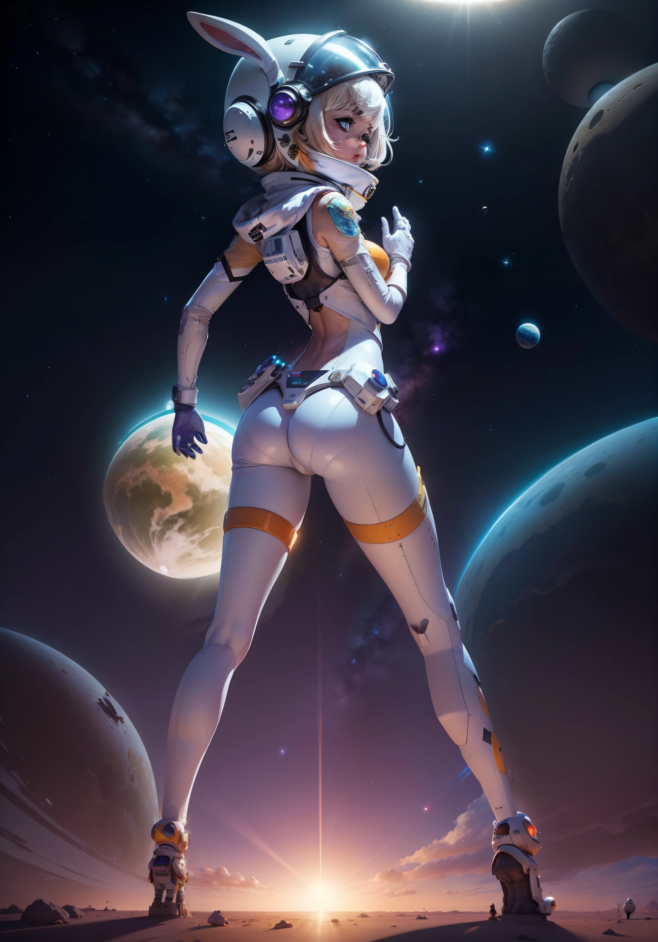a fluffy white space-bunny, helmet off lands on a desert planet, her spaceship looks like a sunflower seed, there is a faint blue Saturn-like planet in the evening sky, all the stars are out in the purple orange alien sky, strange small trees adorned with colorful seed pods chime and jingle, winds blow the musical sounds to our bunnies perked ears, small creatures scurry among the rocks, colorful bird-like creatures fill the sky, an alien civilization is seen on the distant horizon, small lakes and streams pool nearby, 64k resolution, photorealism, hyperdetailed, in the style of pinup art