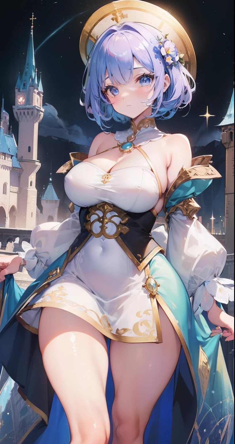 (((masterpiece, best quality, 8k resolution, sharp focus, Intricate details, beautiful girl, bright eyes, Face Golden Ratio, otherworldly liquid, watercolor, ((Pastel)), Bright colors, whimsical, Multifaceted, focus sharp, very high resolution, Fine detail, Princess fantasy sexy ball outfit, (perfect thick legs), (perfect thick thigh), ((round eyes)), iridescent bubbles, Castle landscape in the background)