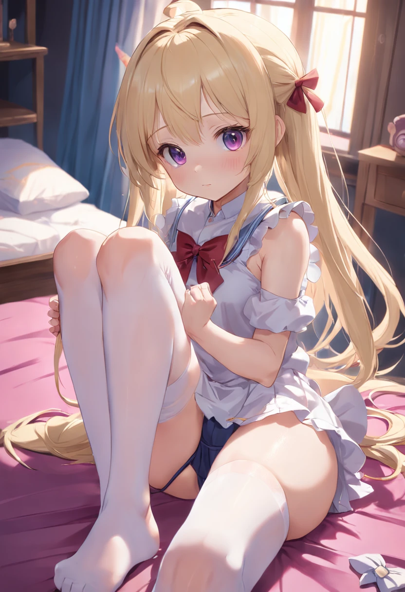 small li,White stockings,without wearing shoes,on top of the bed,no clothes are worn