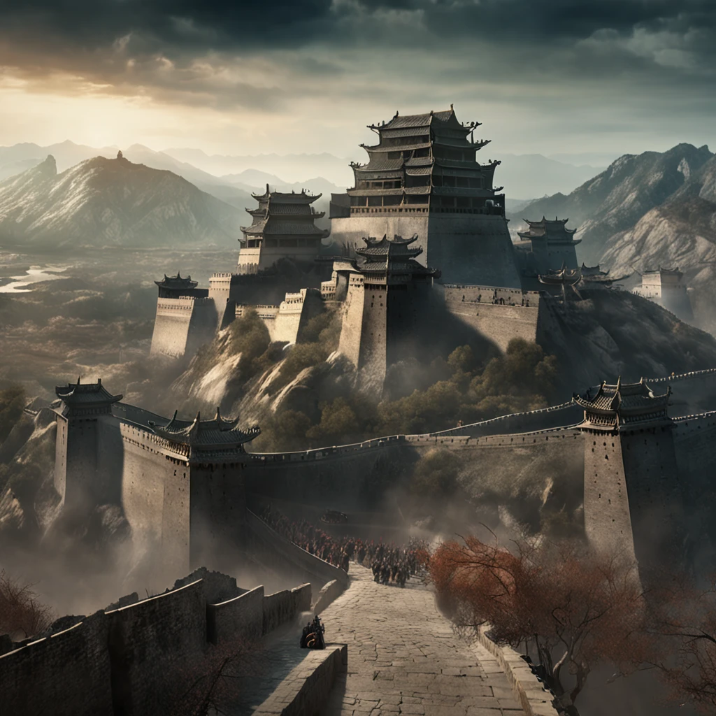 Best quality, Masterpiece, 超高分辨率, (photograph realistic:1.4), surrealism, Dream-like,fusionart, Ancient Chinese Battlefield, Three Kingdoms Battlefield, Alavid view of the castle,There was a group of people standing around, Beautiful rudder depth, in screenshot from the 300 movie, the great wall, Great wall, ( Matte painting, Epic matte painting, elaborate matte painting, epic cinematic matte painting, exquisite matte painting, detailed matte painting, Visually stunning scene,Ancient Chinese soldiers, Chinese soldiers, the great wall, hidden blade,