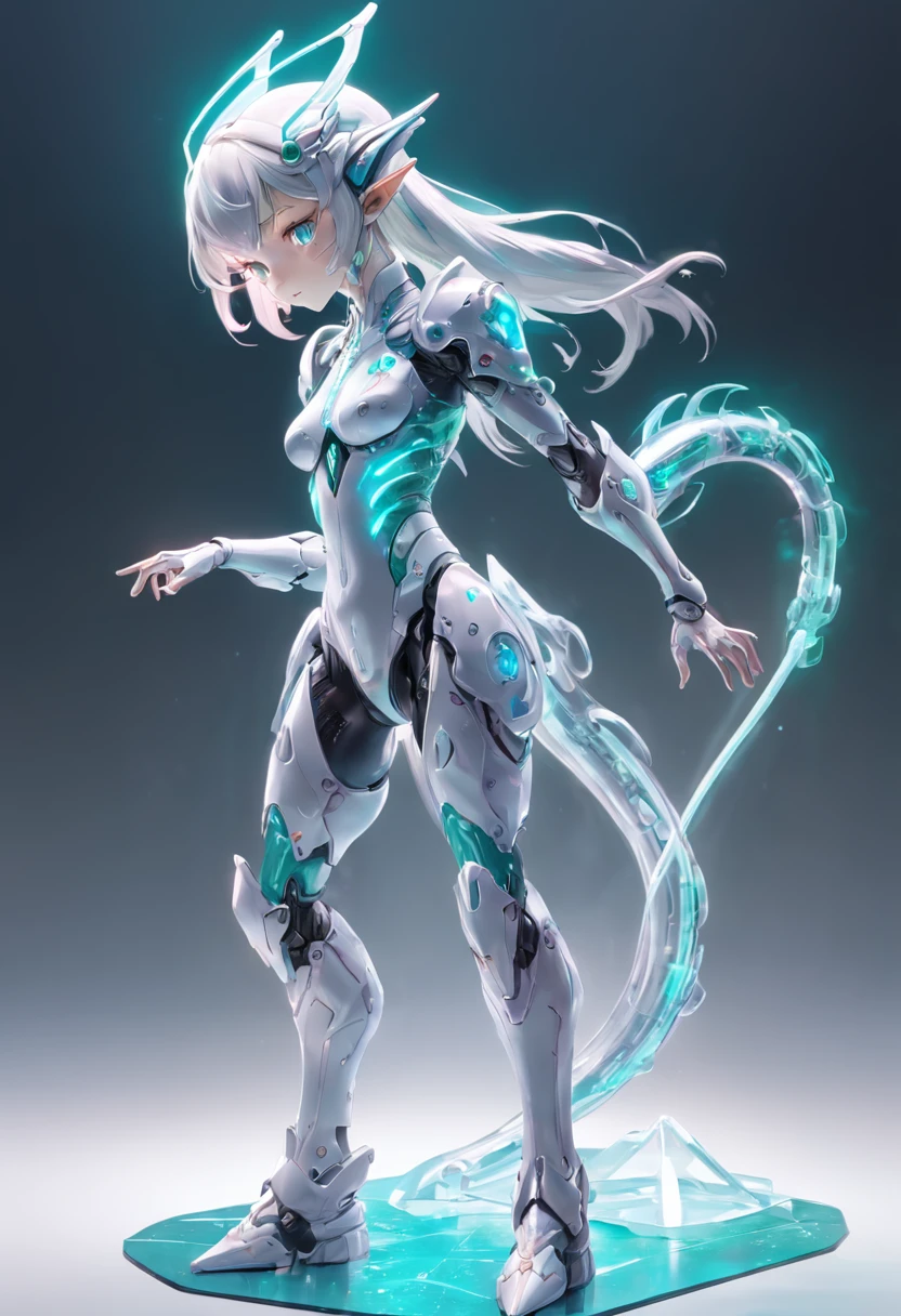 chinesedragon, (Blind box toy style:1.2), (Full body shot) , 1 Transparent adult female elf,Behind him is 2 transparent Chinese dragon, Transparent mech, Exquisite helmet:1.2, Luminous goggles:1.2, Cyberpunk, dreamy glow, luminous neon lights, Clean, White background, ( Global illumination, Ray traching, hdr, unreal render,reasonable design, high detal, Masterpiece, Best quality, hyper HD, Cinematic lighting)