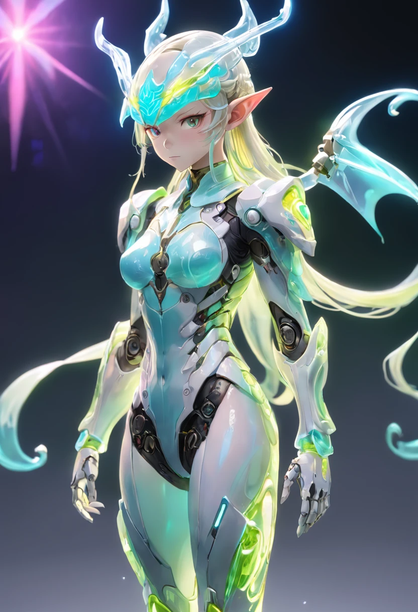 chinesedragon, (Blind box toy style:1.2), (Full body shot) , 1 Transparent adult female elf,Behind him is 2 transparent Chinese dragon, Transparent mech, Exquisite helmet:1.2, Luminous goggles:1.2, Cyberpunk, dreamy glow, luminous neon lights, Clean, White background, ( Global illumination, Ray traching, hdr, unreal render,reasonable design, high detal, Masterpiece, Best quality, hyper HD, Cinematic lighting)