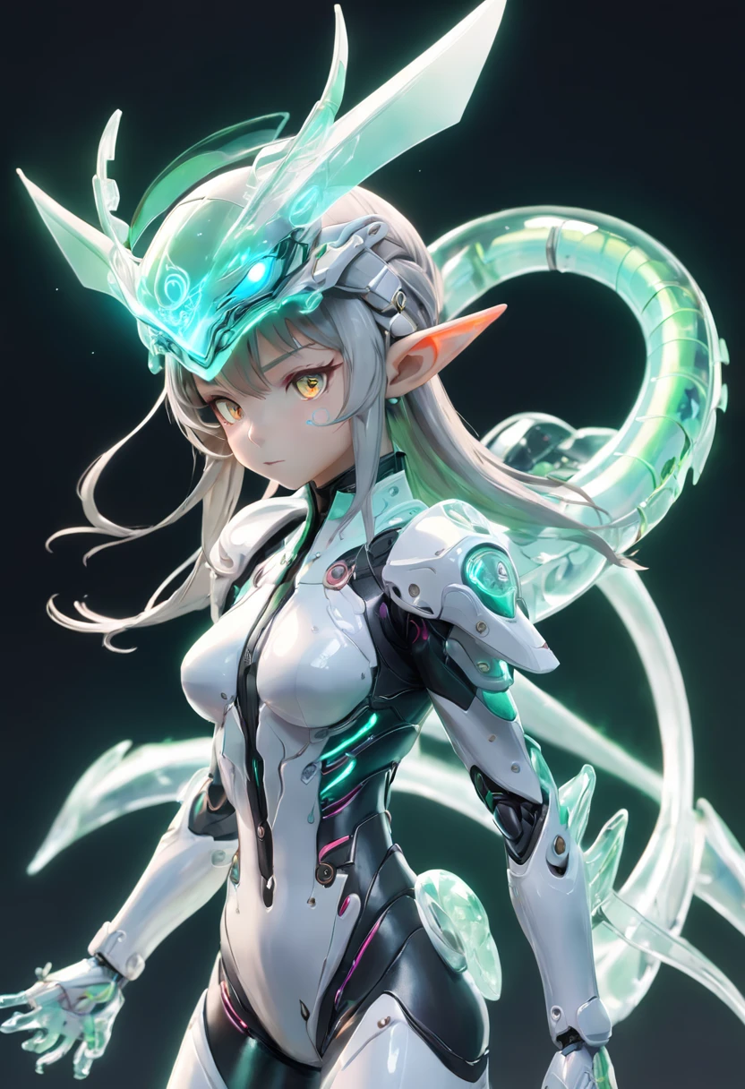 chinesedragon, (Blind box toy style:1.2), (Full body shot) , 1 Transparent adult female elf,Behind him is 2 transparent Chinese dragon, Transparent mech, Exquisite helmet:1.2, Luminous goggles:1.2, Cyberpunk, dreamy glow, luminous neon lights, Clean, White background, ( Global illumination, Ray traching, hdr, unreal render,reasonable design, high detal, Masterpiece, Best quality, hyper HD, Cinematic lighting)