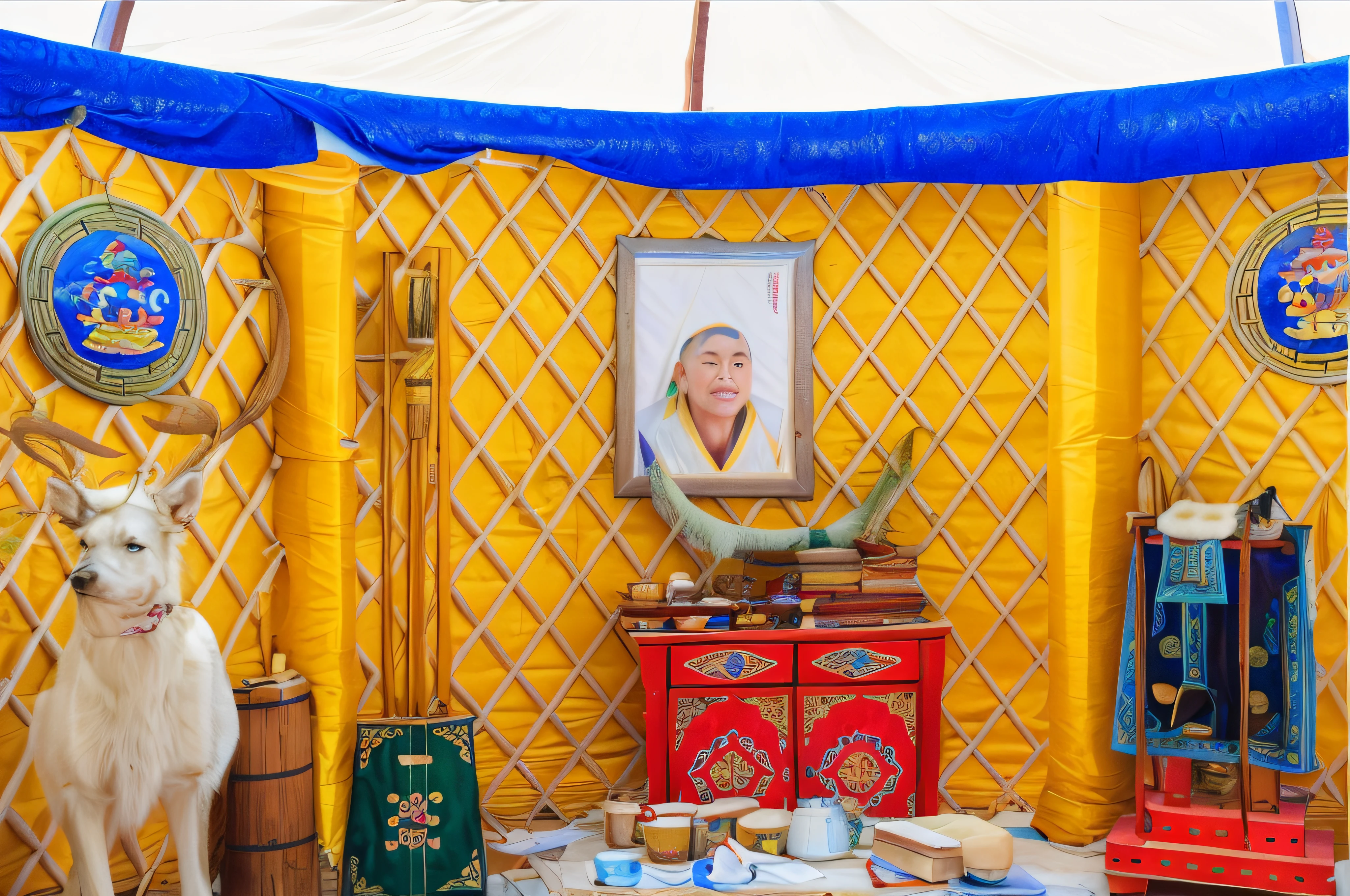 Yurt interior，Mongolian costumes，Mongolian elements，yurts，Mongolian totem，Photo quality，hyper HD，4k画质，visualizador，The camera takes real photos，Yurt interior
