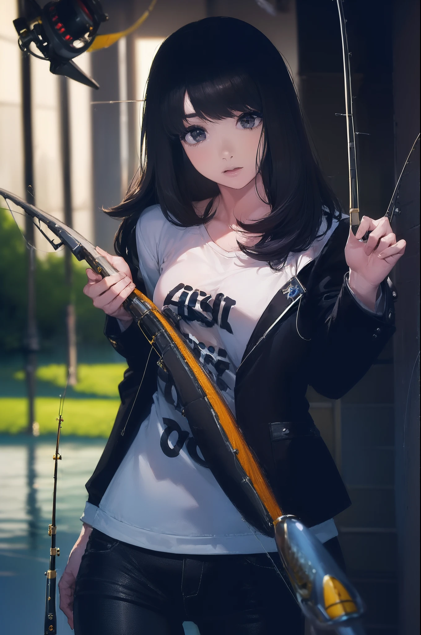((((having a fishing rod with a reel by the lakeside:1.5)))),((Female 28 years old)),((Best Quality:1.5)),(((Hands with the correct number and structure of fingers:1.4))),((Big fish:1.37)),hight resolution,ultra-detailliert,​masterpiece,best qualtiy,(Eight-headed body),Black hair, long eyes-lashes, Solid Circle Eyes, drop shadow, Atmospheric perspective,Super Detail, ccurate, small brest,(Black jacket and black jeans :1.1),top-quality, blurry backround, bokeh dof:1.2, (​masterpiece:1.3),  Atmospheric perspective,Super Detail,dynamic compositions,
