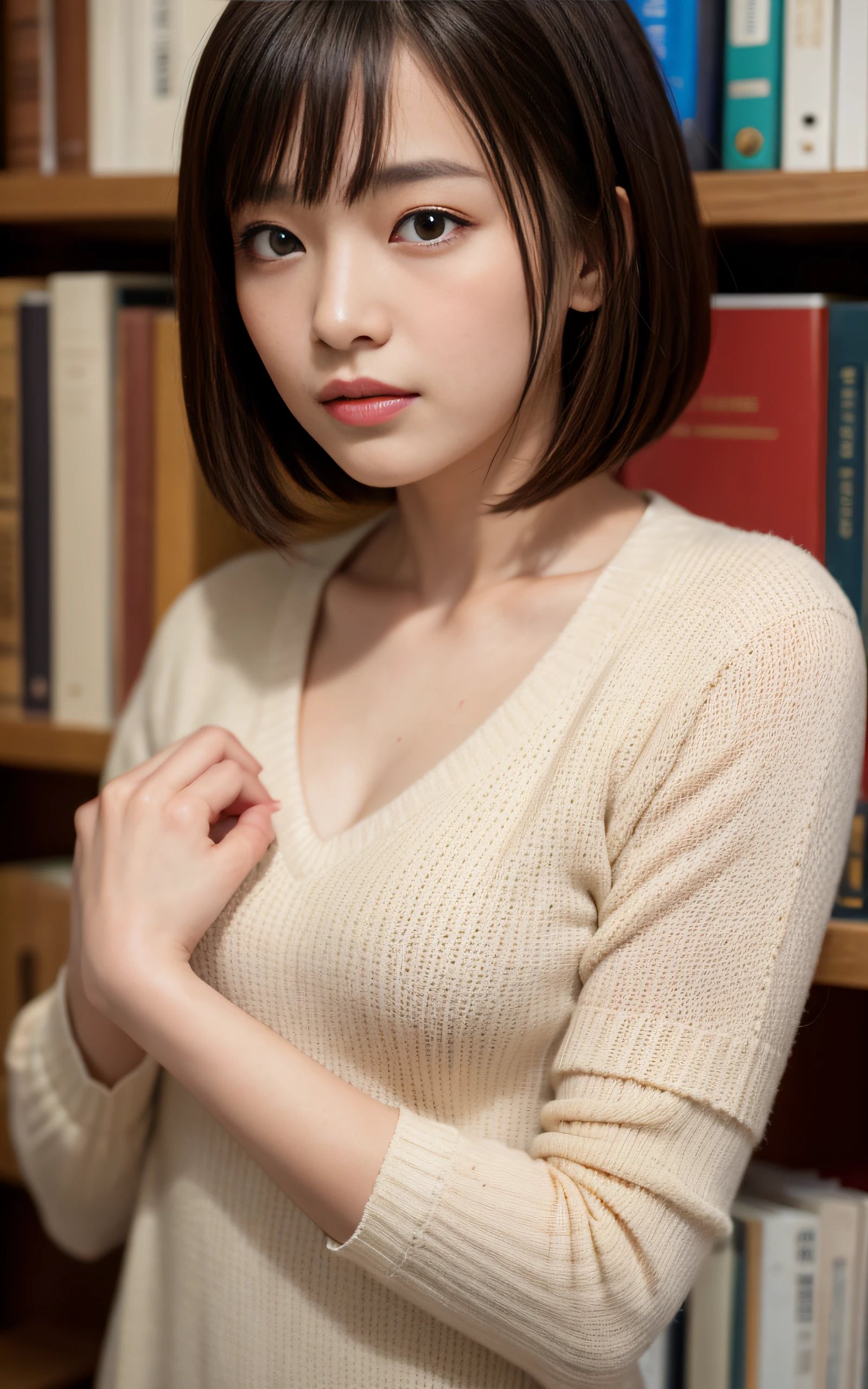 ((Best Quality, 8K, masutepiece: 1.3)), (Sharp Focus: 1.2), 1 girl, Face shot, close-up, Neat and clean beauty, 20 years old, Japanese, looking away, Classy and elegant, Slightly open mouth, Cute, Shy, A pretty girl with perfect figure, ((short bob hair, shag)), shyly smile,Highly detailed face and skin texture, Detailed eyes, book library