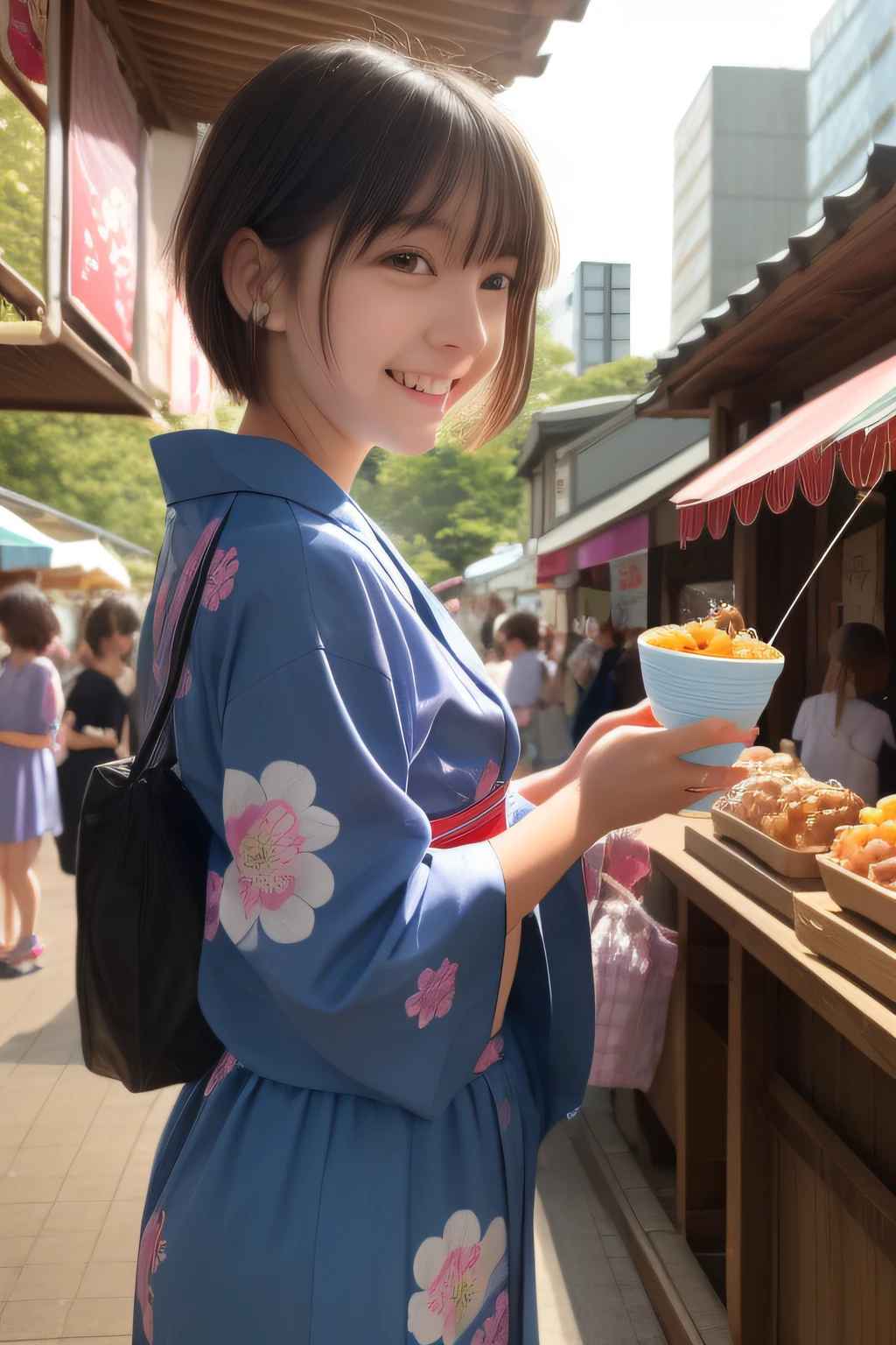 1 girl in、
sixteen years old、
Girls have short hair, 
short-hair、
Black hair, 

Front view,
Summer Festivals、
Japan Festival Venue、
natta、
Wearing a cute yukata,
Cute blue yukata、
floral Yukata、
Obi、
short-hair、
Cute Hair Ornament、

Lined with food stalls、
Have fun、
Goldfish scoop、
Balloon Yoyo、