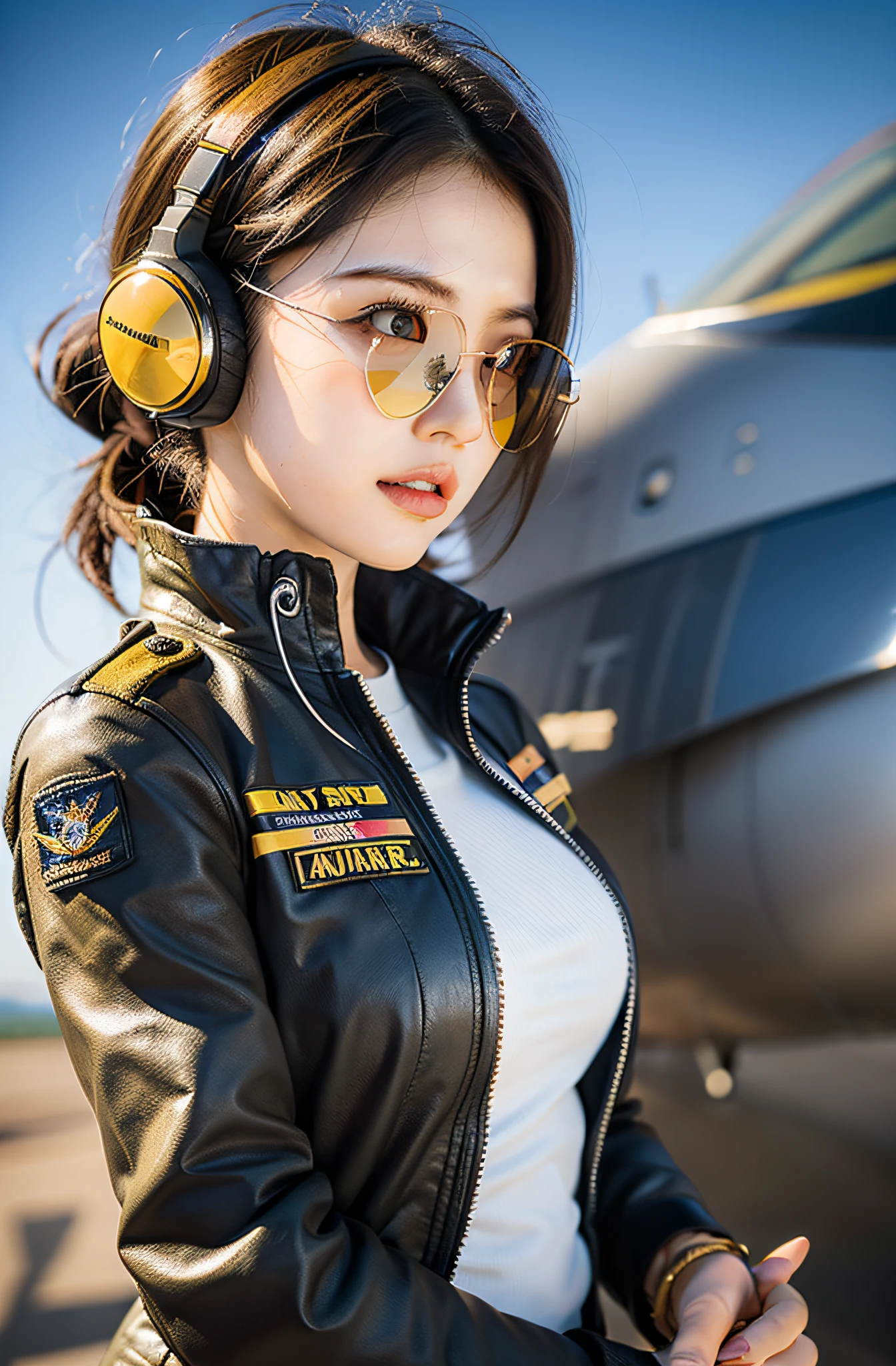 A dynamic shot of Kamei Eri from Morning Musume, cosplaying as an Air Force pilot, standing in front of a roaring fighter jet ready for takeoff. The wind from the jet's engines blows her hair back, and she's looking off into the distance, ready for her next mission. She's dressed in a sleek pilot's uniform, complete with aviator sunglasses and a headset. The setting sun casts a golden hue over the scene, highlighting the metallic surfaces of the aircraft and the intricate details of her costume. The composition captures the full length of the fighter jet and Kamei Eri, emphasizing the scale and power of the aircraft.
--ar 16:9 --v 5.1 --style raw --q 2 --s 750