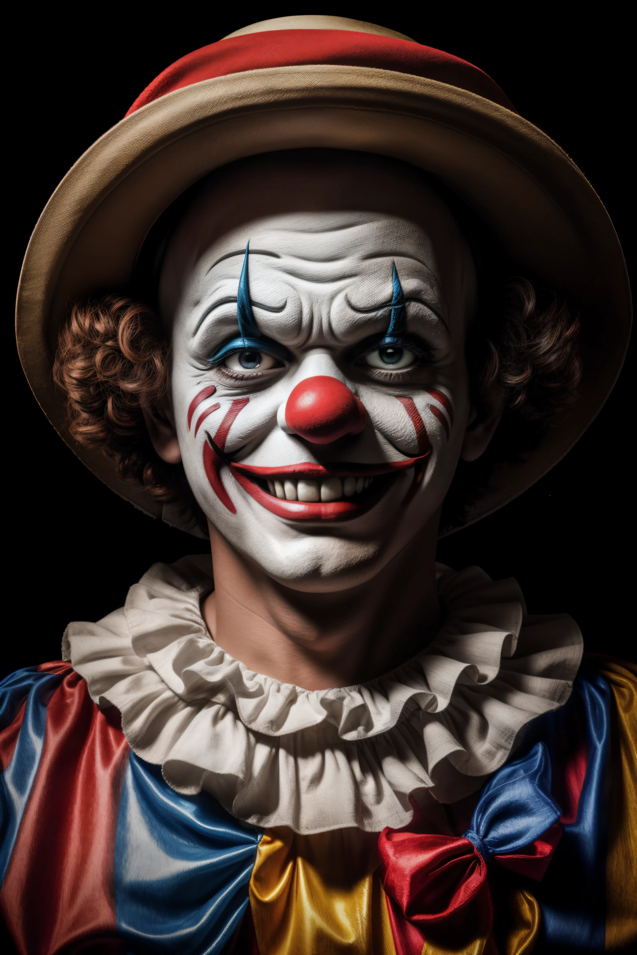 clown、jolly、canny、dark、Flashy costumes、In the dark、spot light、UHD, masterpiece, ccurate, anatomically correct, textured skin, high details, high quality, best quality, highres, 8k