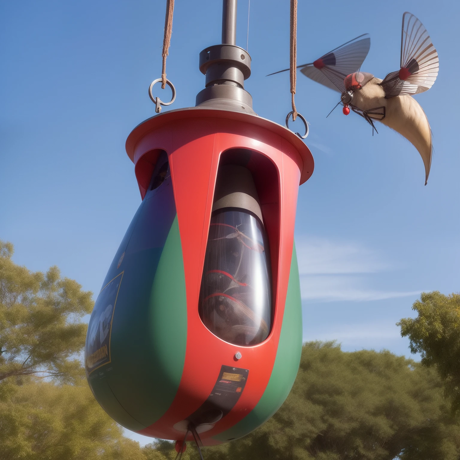 Mosquito Flying penis, wings, jet motors, long shaft with portholes, red, green, blue, yellow, orange, purple, indigo,  head, long hanging balls in a sack with hair, pubic hair