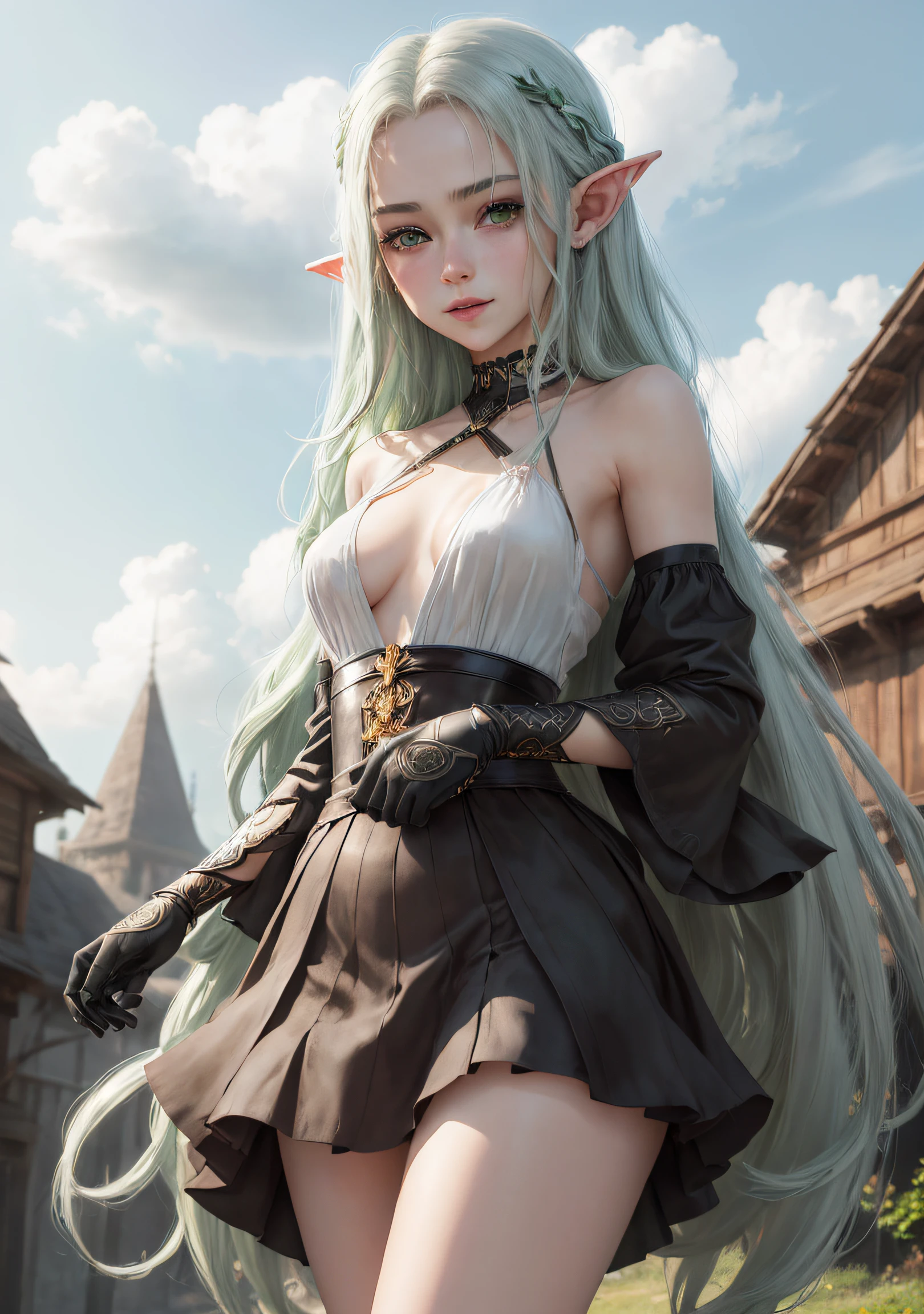 The elf stands and looks at the camera, A girl stands at a fair, green eyes and white hair, The wind lifts the skirt, You can see the underpants, blue skies, Beautiful clear blue sky, green hairpins in the hair, skinny waist, Slender figure, Appearance of the model, confusion, sexuality, nahida, pixie, elf ears, Beautiful ears, green colored eyes, Elven clothing, Elven sexy attire, black clothing, pantyhouse, black tights, little chest, You can see the, Upskirt, black clothing, White underpants, Elf Girl, Sweet girl, attractive anime girl, beautiful anime girl, Cute beautiful anime woman, detailed digital anime art, beautiful anime girl, beautiful anime girl, Anime with small details, Best Quality, Masterpiece, Ultra-detailed, Beautiful, hight resolution, Original,CG 8K ультрареалистичный, perfect artwork, beatiful face, Face Clean, Skin, hyper realistic, Ultra Detailed, A detailed eye, dramatic lighting, (Realistic) Realistic, Full HD, Best Quality, Best Quality, Beautiful lighting, (8k wallpaper of extremely detailed CG unit), High Details, sharp-focus, The art of dramatic and photorealistic painting, beautiful smile, You can see the chest