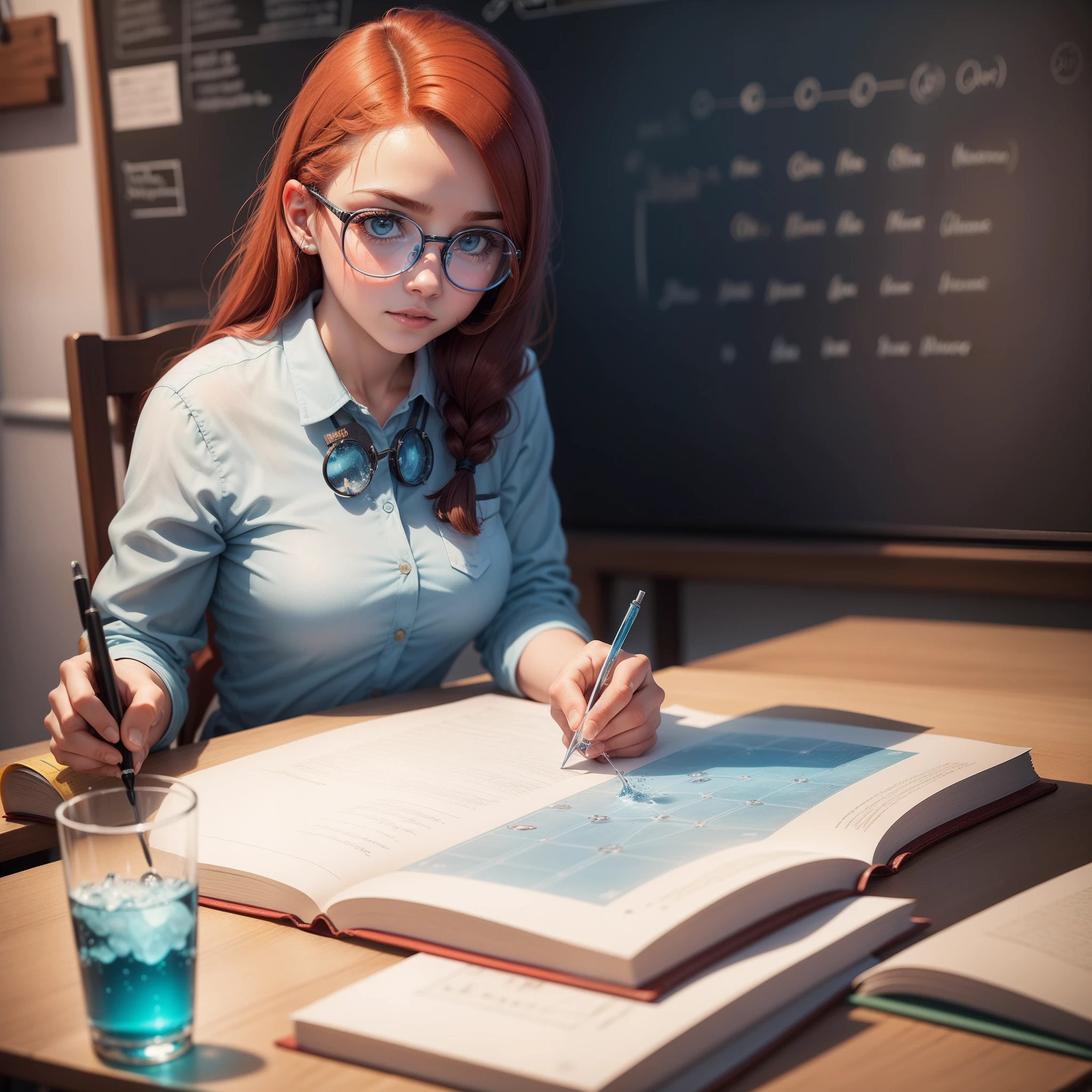 Crie com estilo conservador, uma cientista ruiva, com olhar curioso, round glasses, de jaleco, entusiasmada, na escola, writing the molecular structure of water on the board.