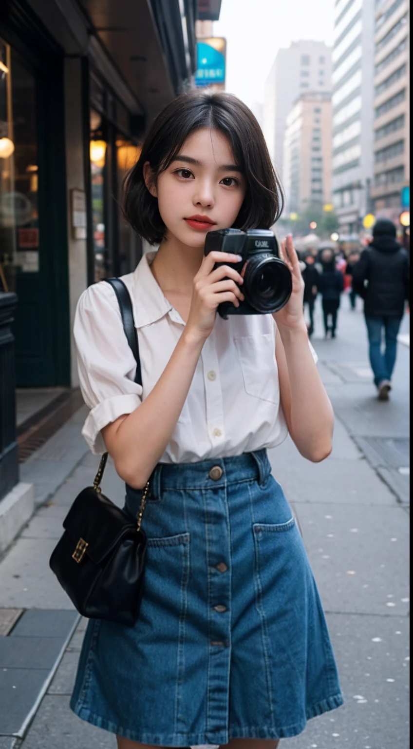 teens girl,Photography enthusiasts,Number of hats,Camera in hand,holding a camera,gentle and cute,short detailed hair,the city street