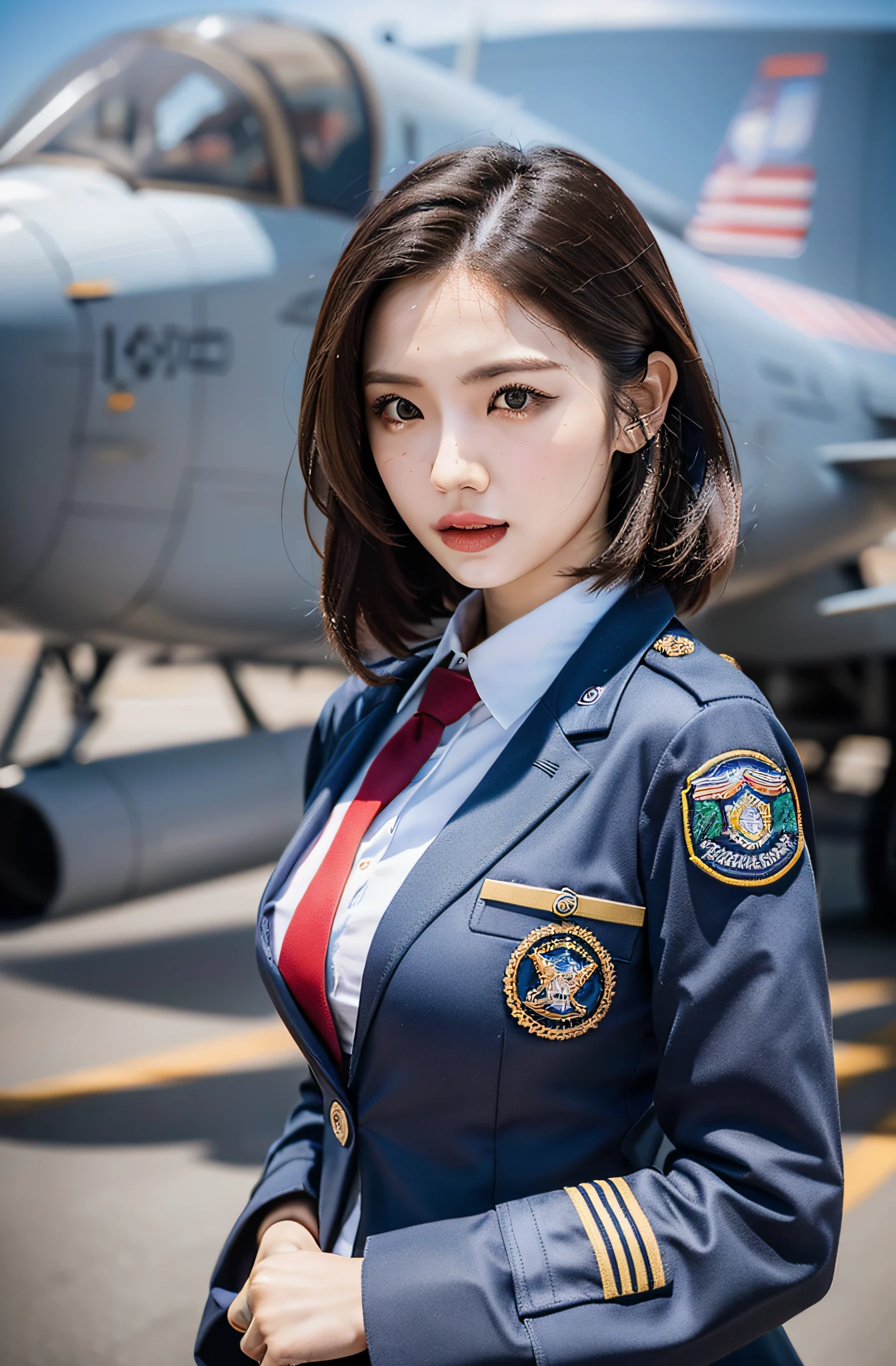 Eri Kamei, Morning Musume。, Dressed in the uniform of an Air Force pilot. The stage is a military air base with fighter jets in the background. She wears the iconic pilot jumpsuit, With badges and patches, And the pilot's helmet under her arm. Her expression is full of confidence, Capture the essence of skilled pilots. Lighting is、Highlights the metallic luster of the aircraft and the details of her uniform. The colors are rich and vivid, The blue of the sky contrasts the gray of the jet with the green of the ground. The composition is a close-up shot, Focus on her face and upper body, Fighter planes provide a powerful backdrop.
--ar 16:9 - V5.1 --Style raw --Q 2 --S 750