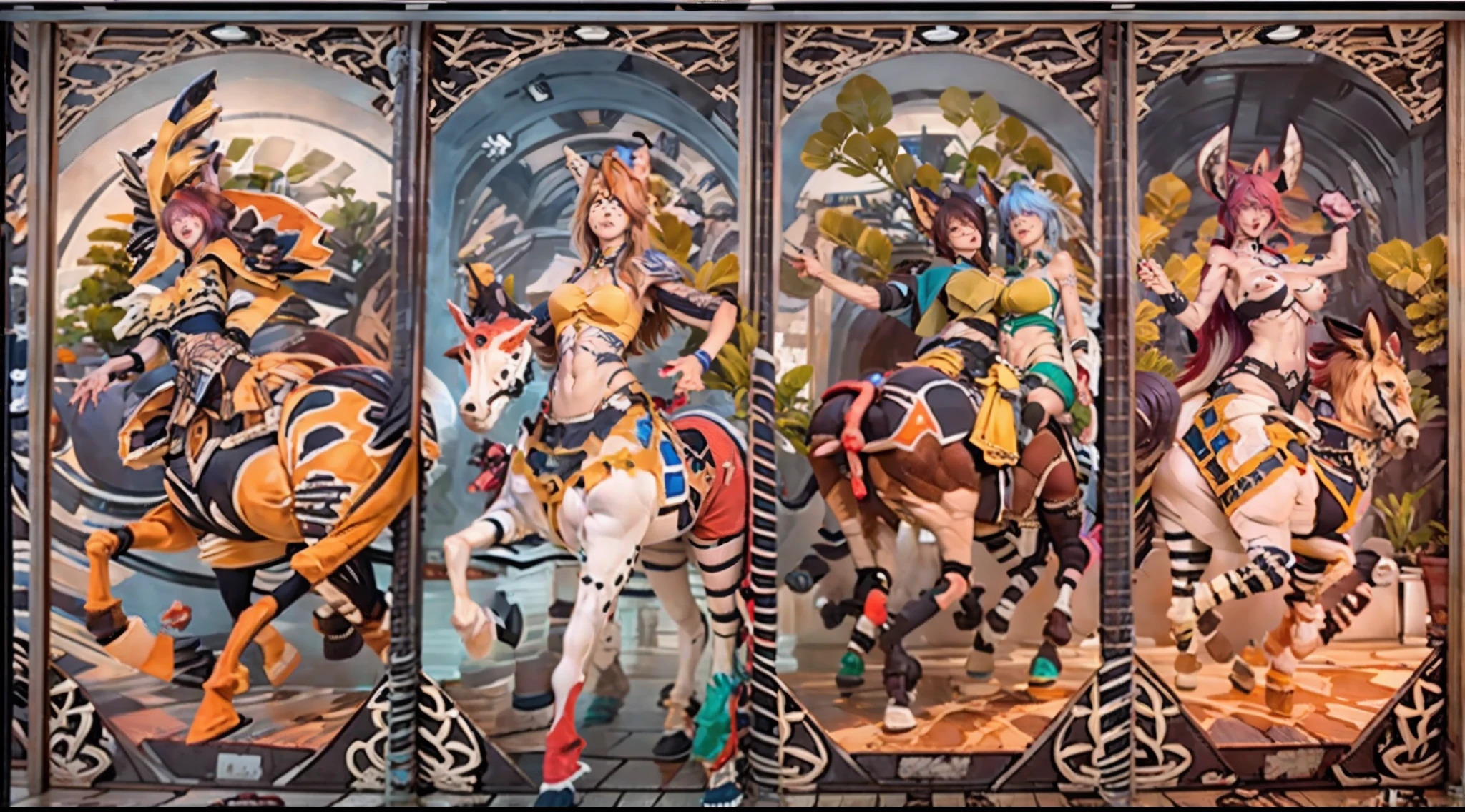 In the beautiful illustration of this super-grand scene，The ultra-long-range lens is shown（Eight unique centaur characters：9.9），They all have their own characteristics，Vivid and interesting。Radiant angelic centaurs from the heavenly realm，To the hellish centaurs surrounded by nightmarish flames，And then to the Wind Immortal Centaur dancing in the air，There are also one-horned centaurs surrounded by thunder and lightning，and mechanical centaurs that shine with metallic light，And then to the powerful dragon centaur with colored dragon scales covering the whole body，The elegant and agile elf centaur always wears a flower crown with its slender and graceful lines，Enchanting and charming Tiflin centaurs。Each character has their own unique charms and abilities。The illustration uses advanced artistic techniques and tools，（Divide the scene into sections by geometric arrangement：9.9），Each section corresponds to a centaur character，This makes more efficient use of space。Through Midjourney's advanced brush tools、Color palette、Material packs and model packs，Exquisite costumes and equipment are designed for each centaur，Enhances the character's personality and visual appeal。The scenery in the illustrations is stunning，There are changing skies、rainbowing、extreme light、Stars and Moon。Incorporating iconic landmarks such as Mount Everest，and fireworks、tranquil lake、Natural and urban elements of waves and neon lights，Creates a magical atmosphere。The centaurs showed off their skills and equipment in a variety of environments，This is true even in extreme alien landscapes。（Use Midjourney's tools、Material packs、Texture tools、The color palette makes depicting details vivid and realistic：9.9），From intricate hairstyles and clothing to authentic textures，Enhances the realism of the characters and surroundings。The fusion of multiple art styles adds movement to the centaur's movement at all angles，The overall visual experience is further enriched。The final illustration was described as a "mast