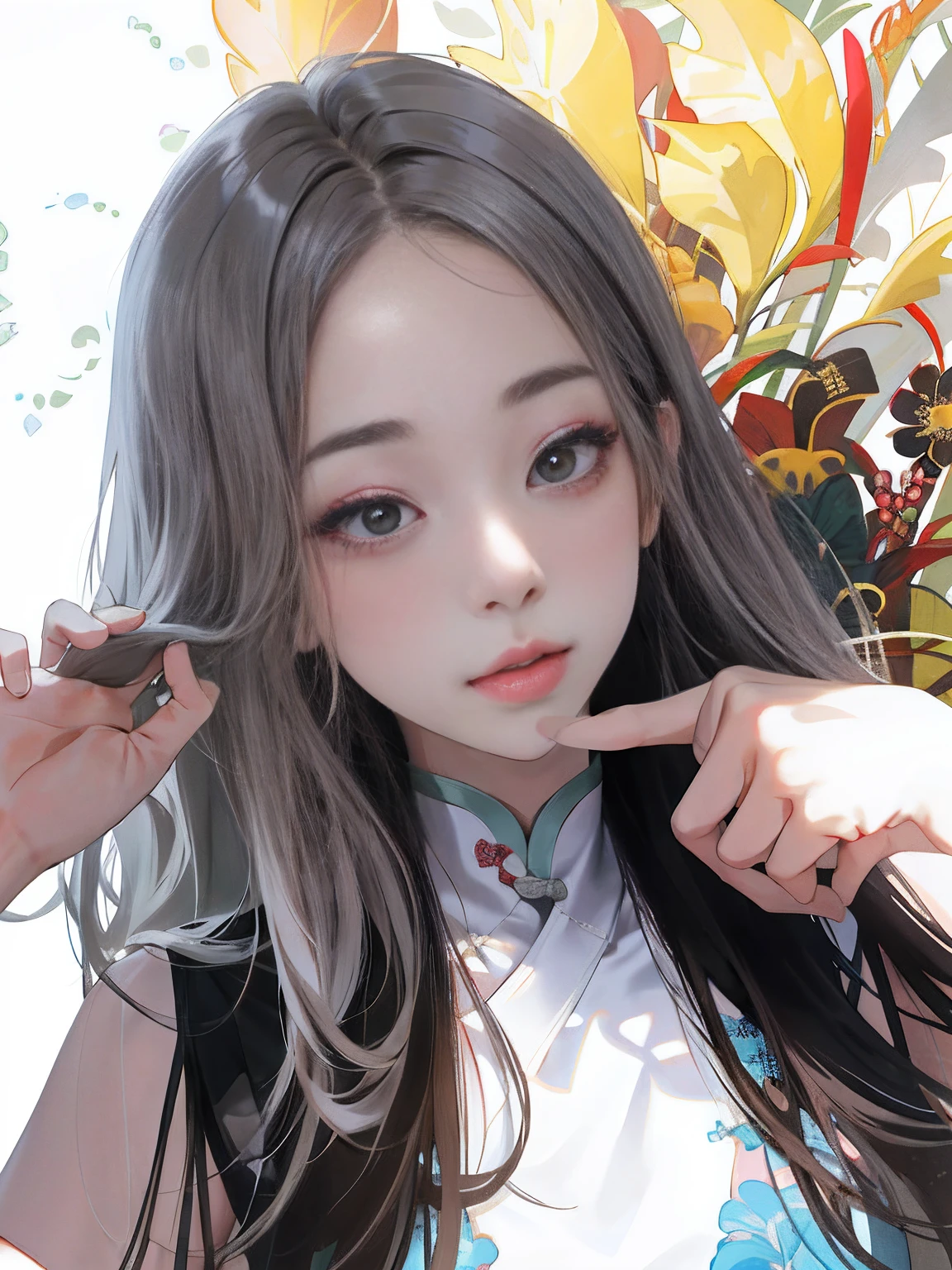 There was a woman touching her chin with her hand,ChineseGirl,Beautiful girl,20yr old,White slip dress,long whitr hair,cute beautiful,Korean girl,no headwear,Finger repair,Palm print repair