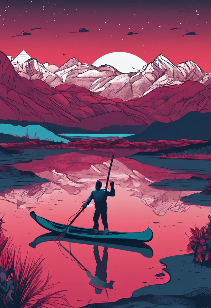 a river with mountains in the back ground. 2 man is canoing in the middle. It is night there is crescent moon. cano is in red color