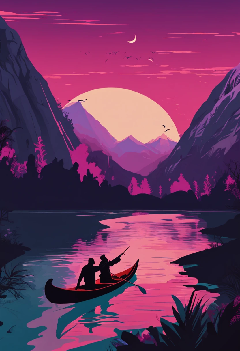 a river with mountains in the back ground.  2 man is  canoing in the middle. It is night there is crescent moon. cano is in red color