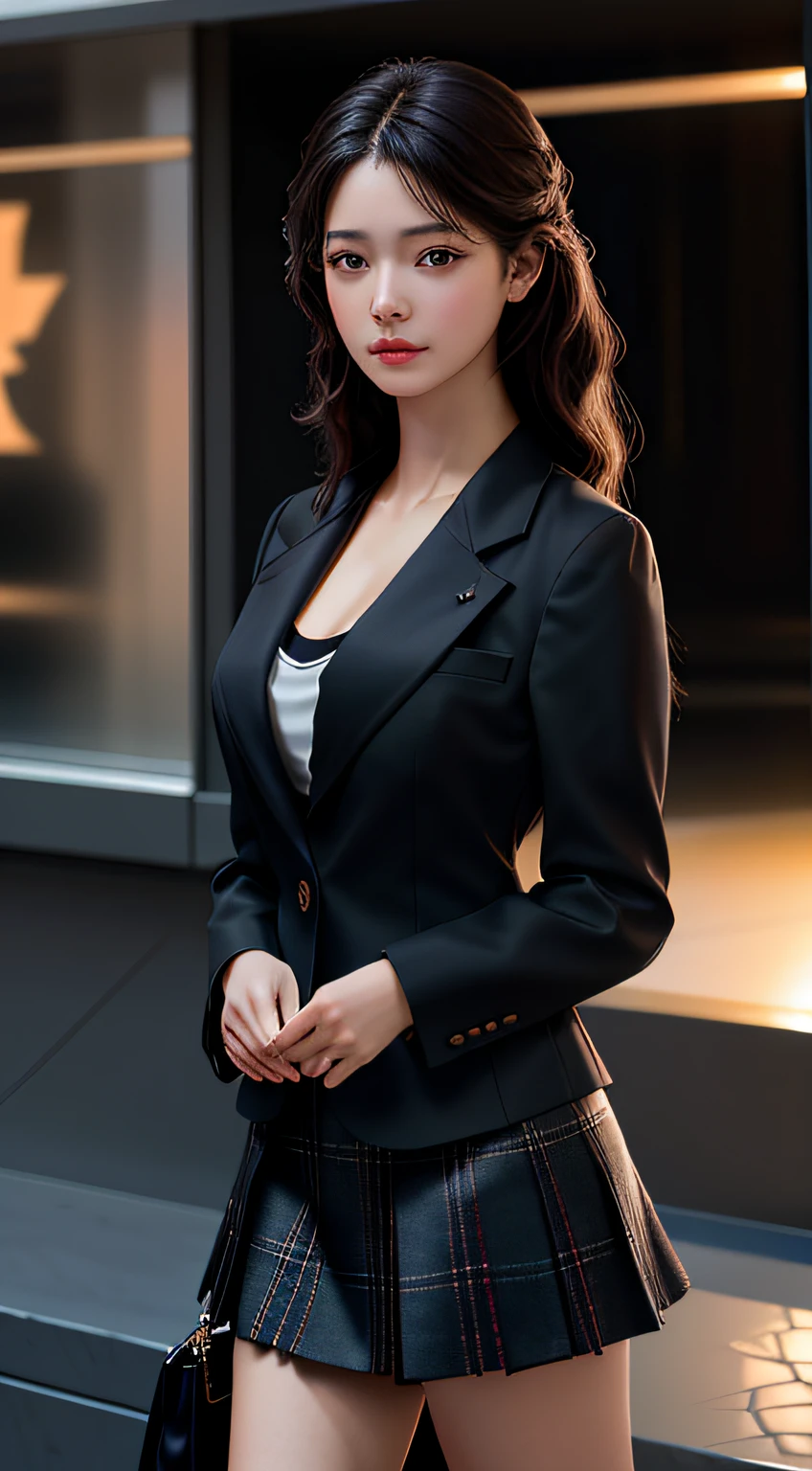 best quality, masterpiece, 1girl, Beautiful face, (photo realistic:1.3), rim lighting, (high detailed skin:1.2), 8k uhd, dslr, high quality, high resolution, 4k, 8k, Bokeh, absurdres, best ratio four finger and one thumb, (realistic:1.3), cute 1girl, wearing black formal blazer, medium breasts, short skirt,