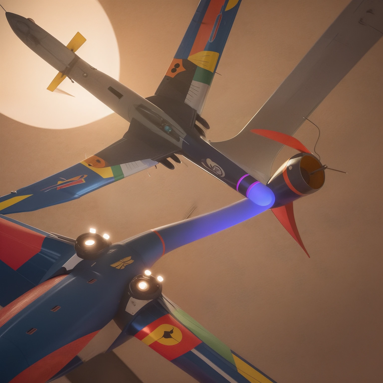 Mosquito Flying penis, wings, jet motors, long shaft with portholes, red, green, blue, yellow, orange, purple, indigo, head, long hanging balls in a sack with hair, pubic hair