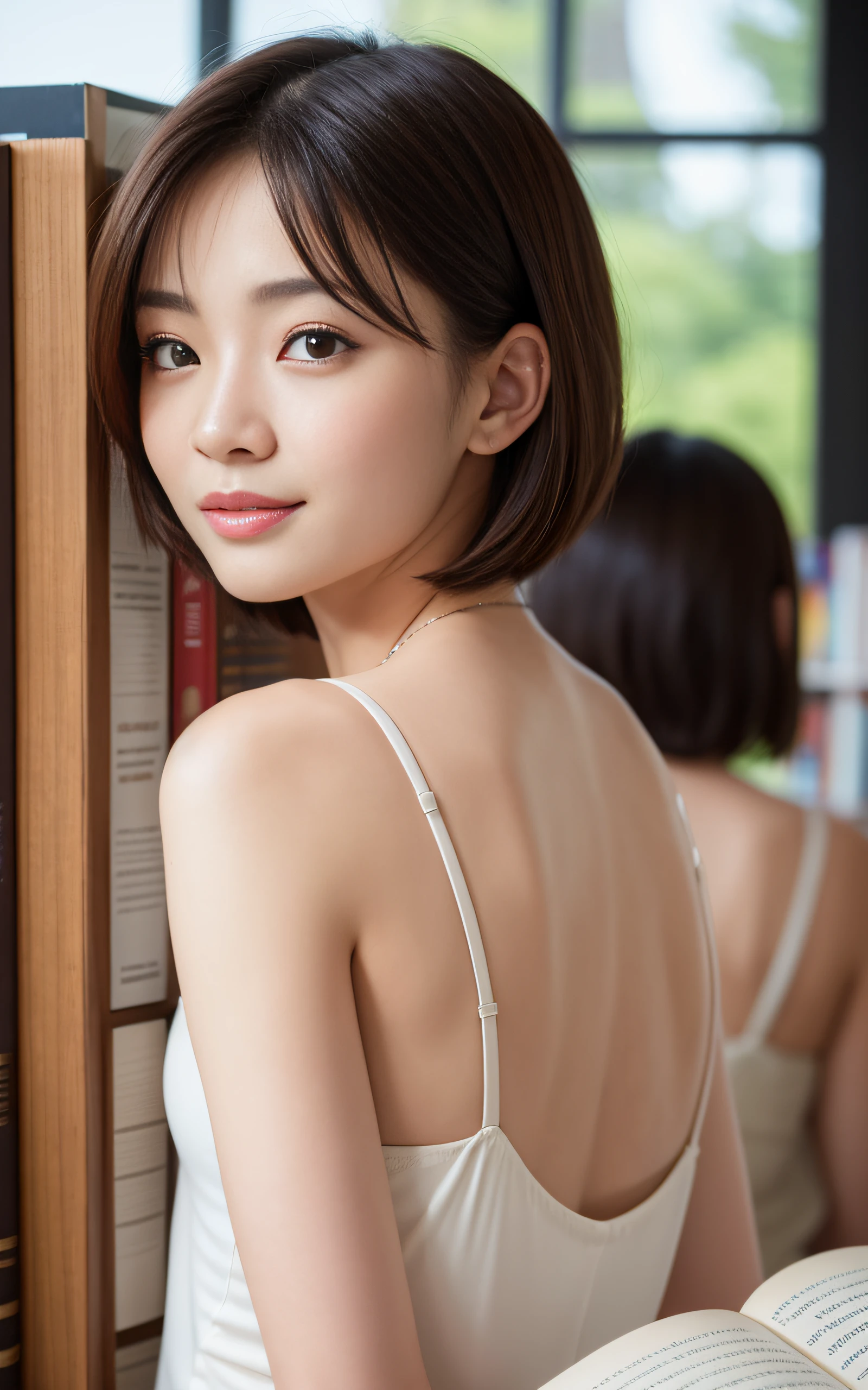 ((Best Quality, 8K, masutepiece: 1.3)), (Sharp Focus: 1.2), 1 girl, Face shot, close-up, Neat and clean beauty, 20 years old, Japanese, Looking away, Classy and elegant, Slightly open mouth, Cute, Shy, A pretty girl with perfect figure, ((Short bob hair, )), shyly smile,Highly detailed face and skin texture, Detailed eyes, book library