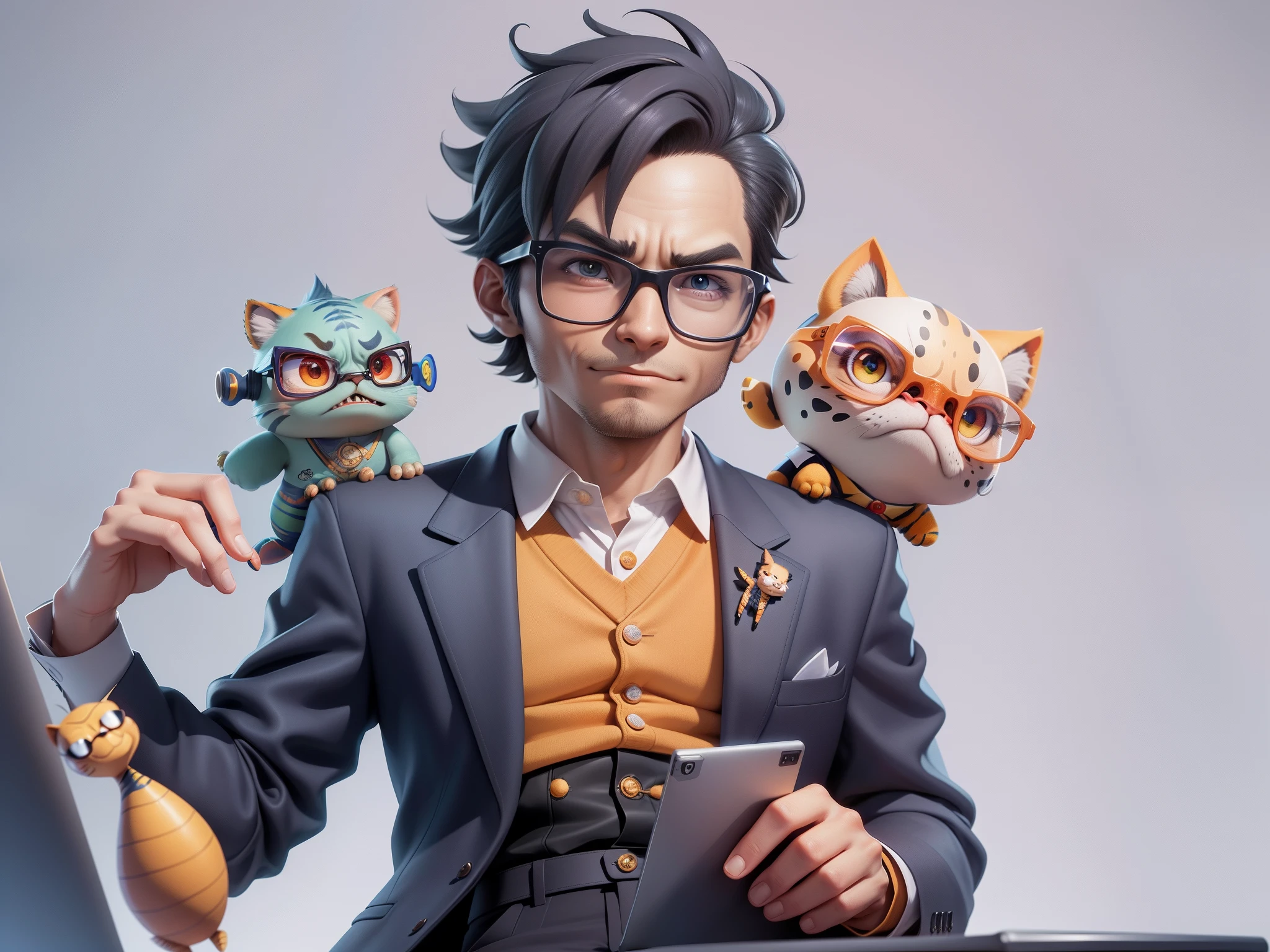 A young man in a suit, Short hair and glasses sat at his desk,holding laptop,digitial painting,tigre,3D character design by Mark Clairen and Pixar and Hayao Miyazaki and Akira Toriyama,4K HD illustration,Very detailed facial features and cartoon-style visuals。