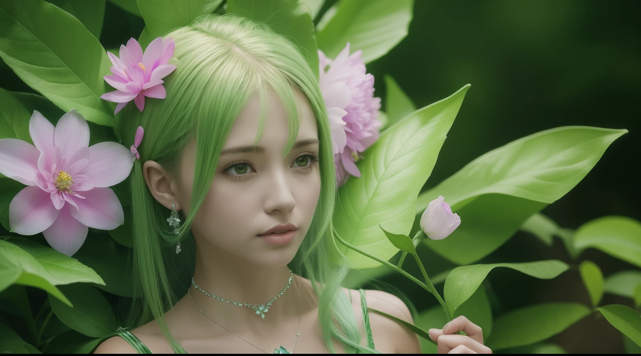 the Flower Fairy,In the woods,Glowing Clothing,crystal,choker necklace,eardrop,Green material,8K high-definition, Render the atmosphere, A detailed, ultra - detailed, 超A high resolution, (真实感:1.4), A high resolution, A detailed,,A photorealistic masterpiece, Photorealistic