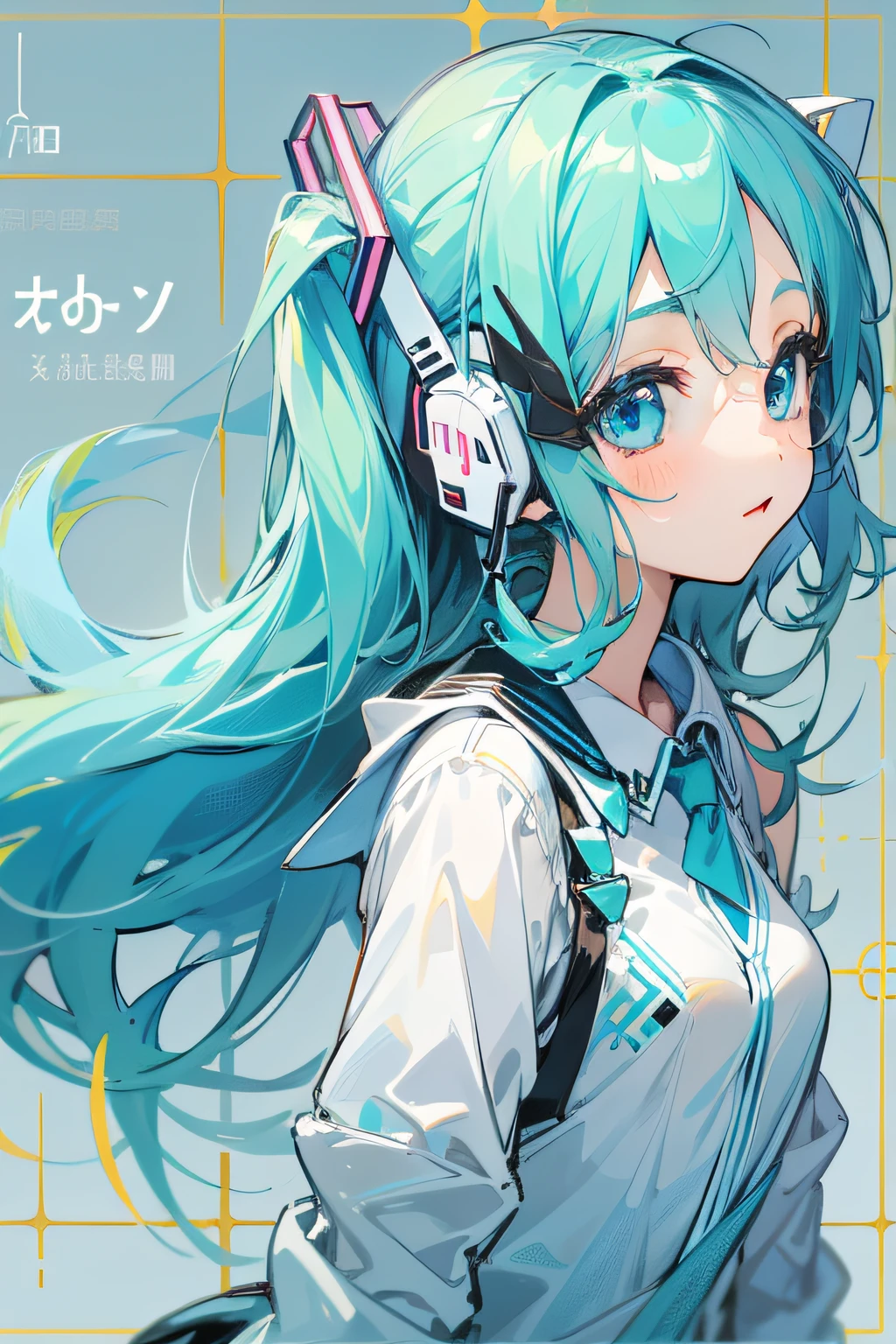 Hatsune Miku anime character,Cute young girl,Has beautiful and delicate eyes and shiny black hair,Blue eyes appear extra bright against the background of blue hair。Her hair fell naturally,Her beautiful eyes can be seen through her hair。The girl wears blue monochrome clothes,The mathematical formula is printed on it,It makes her smarter and cuter。She wears white gloves on her hands,Side light,Gloves have attractive reflexes,The picture is clean,(Simple colors:1.2),