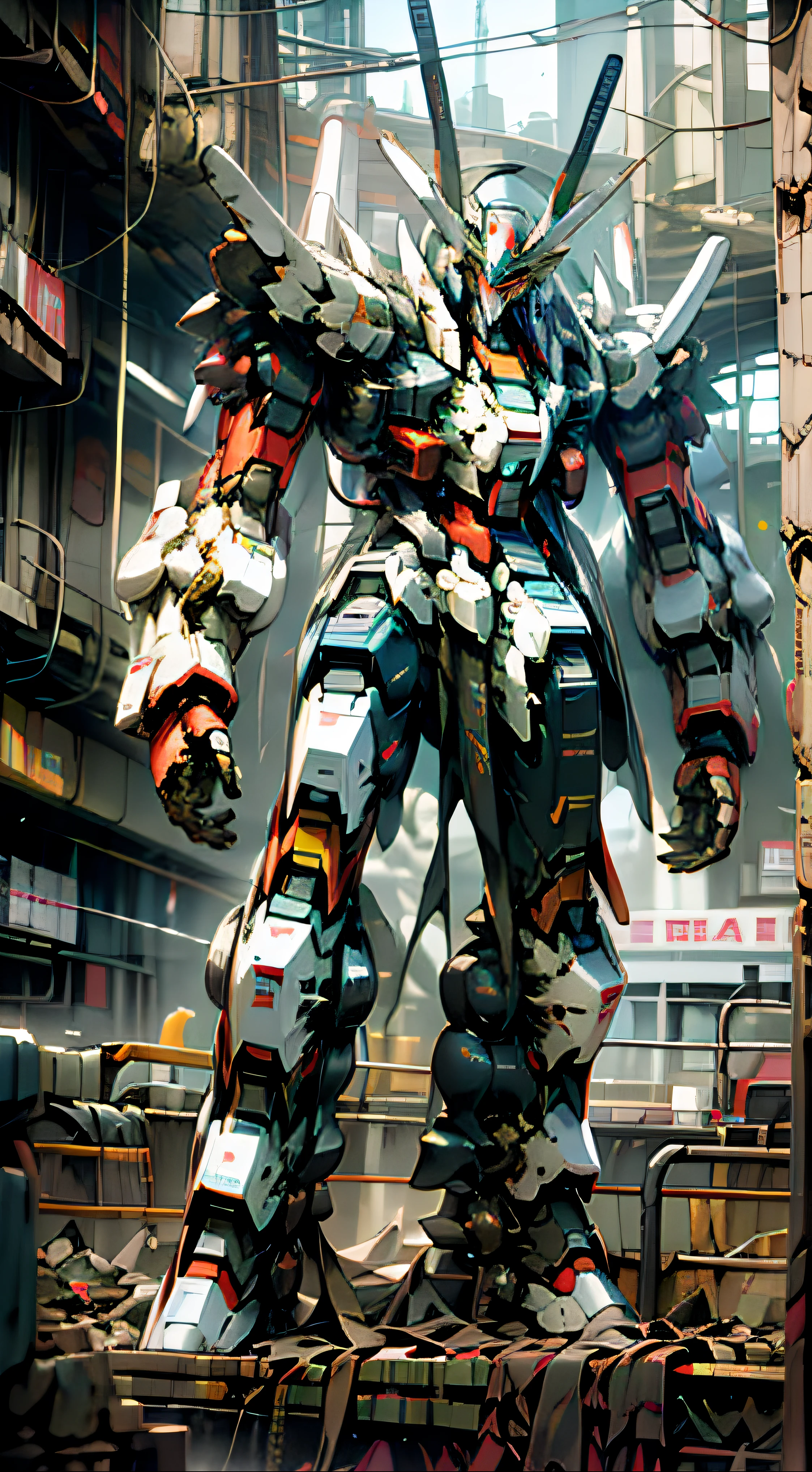 ultra-realistic realism， Ray traching， realisticlying， hyper HD， high detal， 32k， best qualtiy， textureskin， Gundam Mech，standing on your feet，city ruins，afofuturism