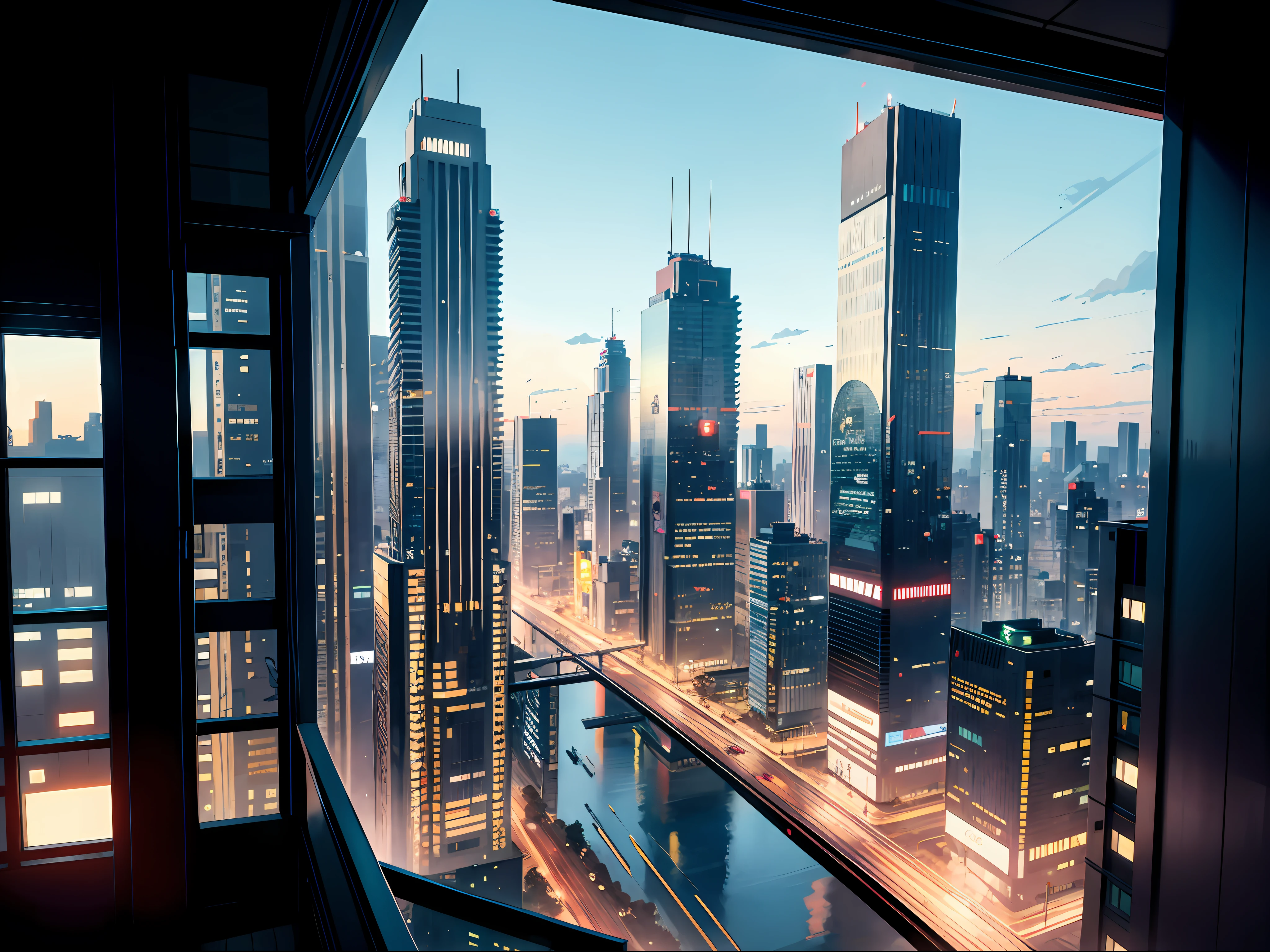 Vista aerea de um quarto com vista para a cidade em um dia ensolarado, Apartment Bladerunner sci-fi NEO - Noir Setup, Situated in a Tokyo metropolis, matte painting neon cinematic matte painting, Quarto ensolarado com plantas verdes e altas nas grandes paredes, O apartamento sci-fi Cidade grande de dia e com muito moviemnto, Como uma cena de Blade Runner de dia, Aesthetics of fiction variations of blue skies and days with many buildings and streets bridges and high viaducts
