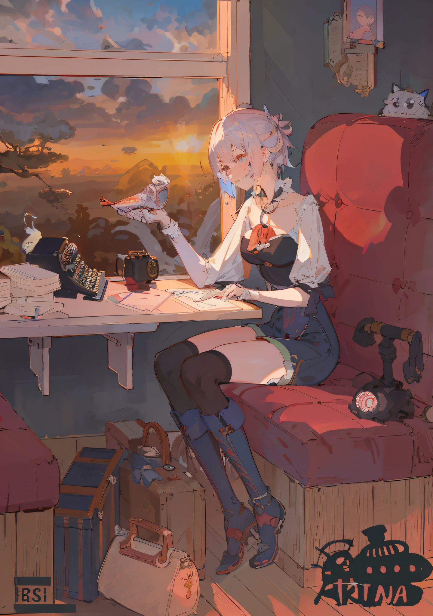 Anime girl sitting in red chair holding a bottle of wine, Guviz-style artwork, A beautiful artwork illustration, Anime fantasy illustration, Digital art on Pixiv, anime styled digital art, Detailed fanart, Guweiz in Pixiv ArtStation, Guweiz on ArtStation Pixiv, dreamlike illustration, Guviz, On the desk were typewriters and manuscript paper,