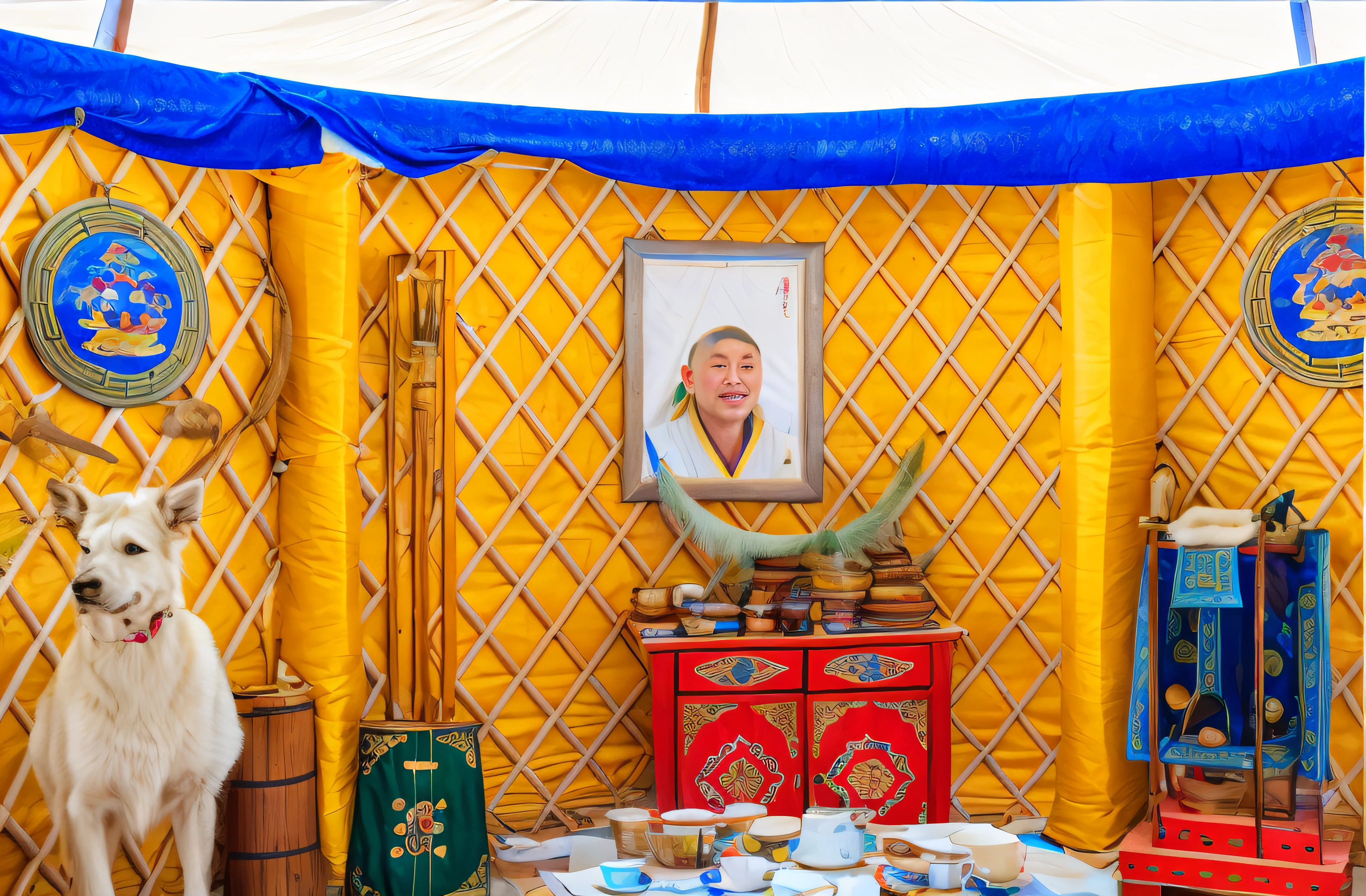 Yurt interior，Mongolian costumes，Mongolian elements，yurts，Mongolian totem，Photo quality，hyper HD，4k画质，visualizador，The camera takes real photos，Yurt interior
