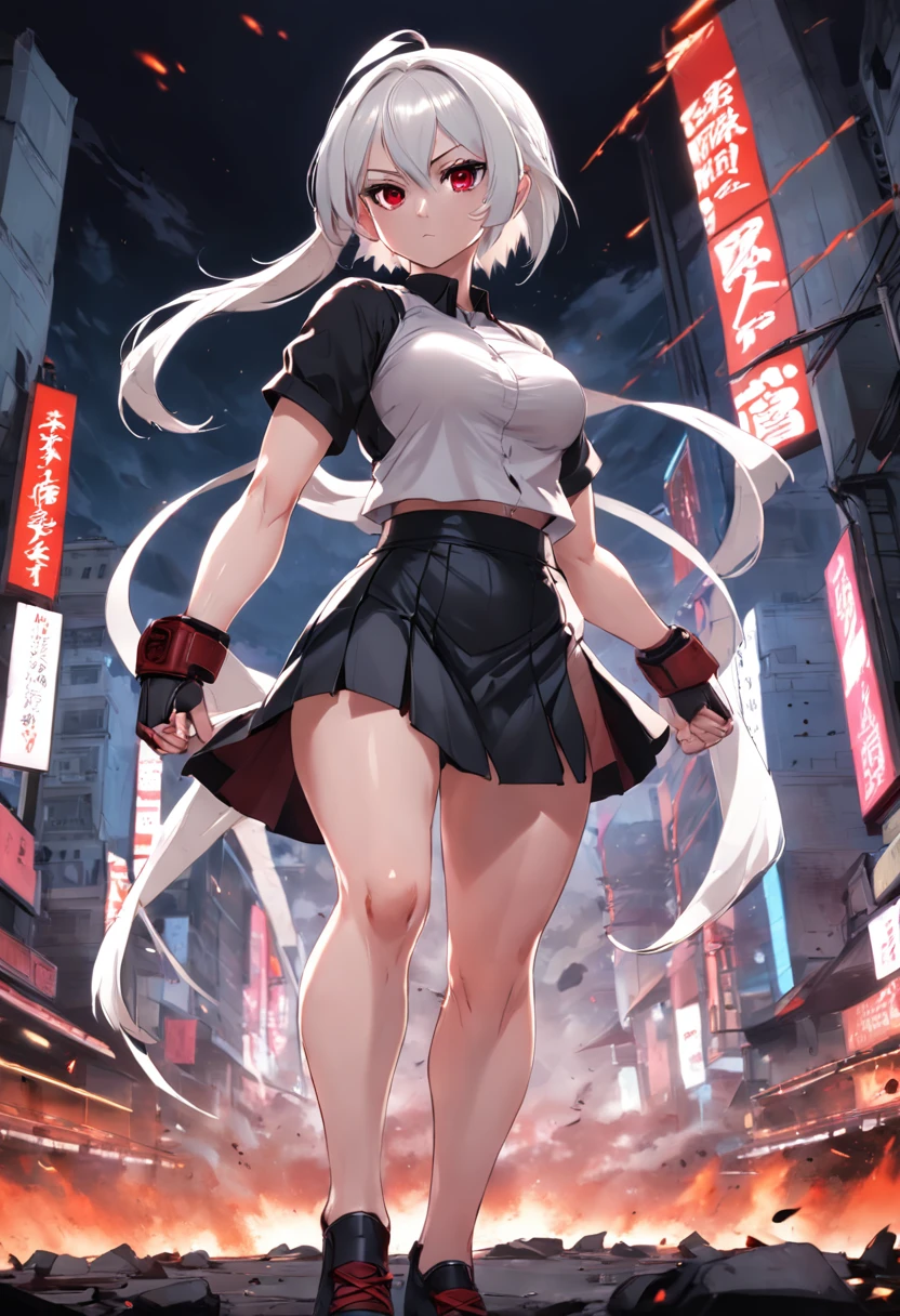 (Tifa Lockheart in a fighting stance),(adult woman:1.2),tall, short white hair with double bun, crimson eyes,white shirt,black skirt,curvy body,thin waist,dystopian background