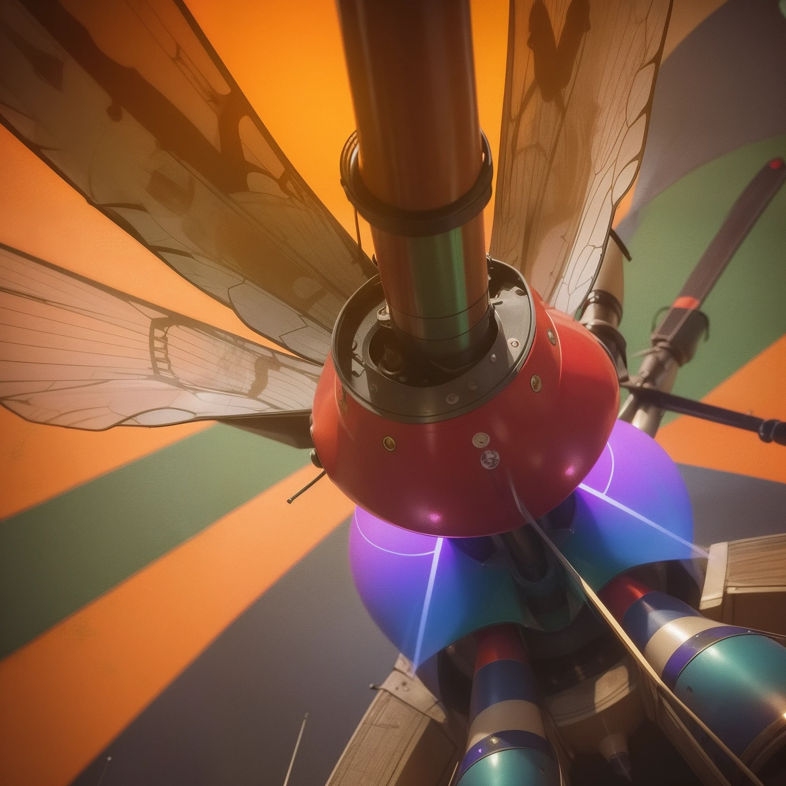 Mosquito Flying penis, wings, jet motors, long shaft with portholes, red, green, blue, yellow, orange, purple, indigo, head, long hanging balls in a sack with hair, pubic hair