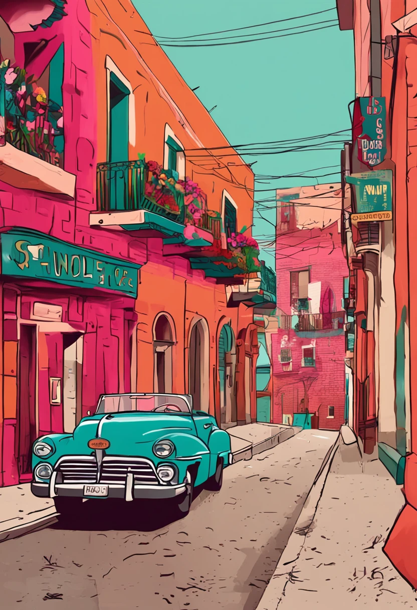 carnation street art illustration mexico, in the style of colorful cityscapes, quiet moments captured in paint, wes anderson, raoul dufy, animated illustrations, trompe l'oeil compositions, panorama